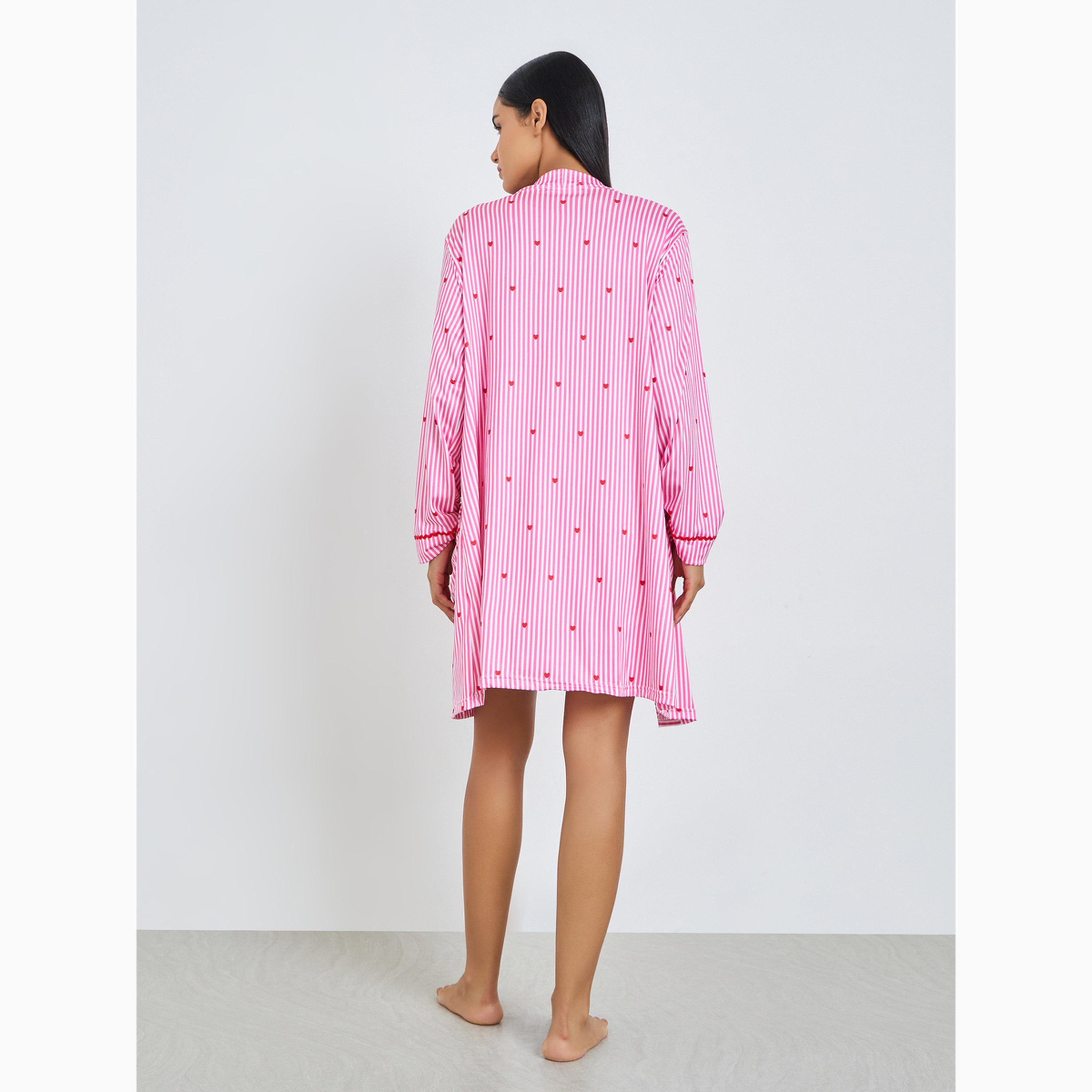 Styli Striped Slip Dress and Robe Set with Heart Print Detail-women-clothing-nightwear-nighties-image-6