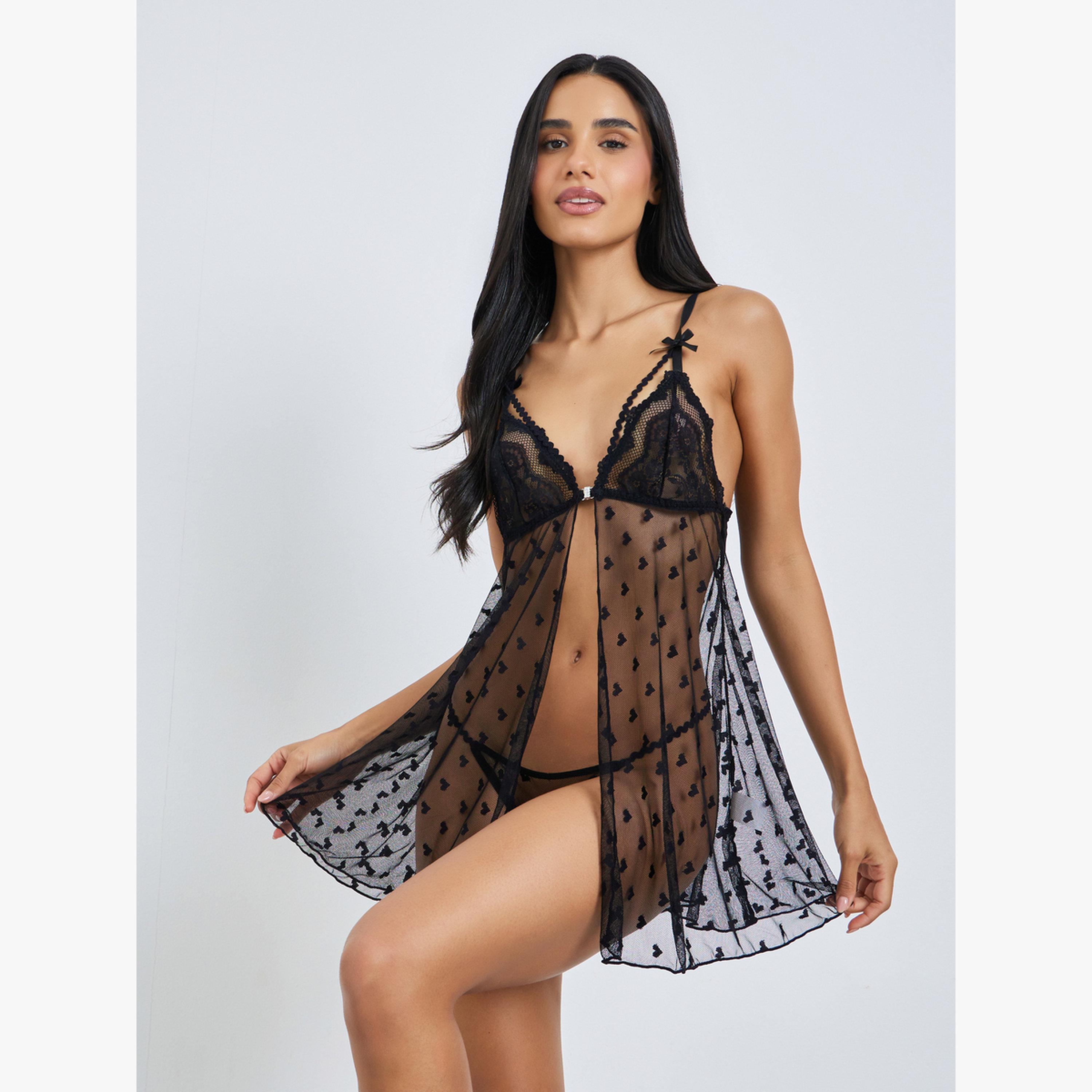 Styli Black Heart Floral Apex Strap Babydoll with Brief-women-clothing-lingerie-babydollsandbodysuits-image-1