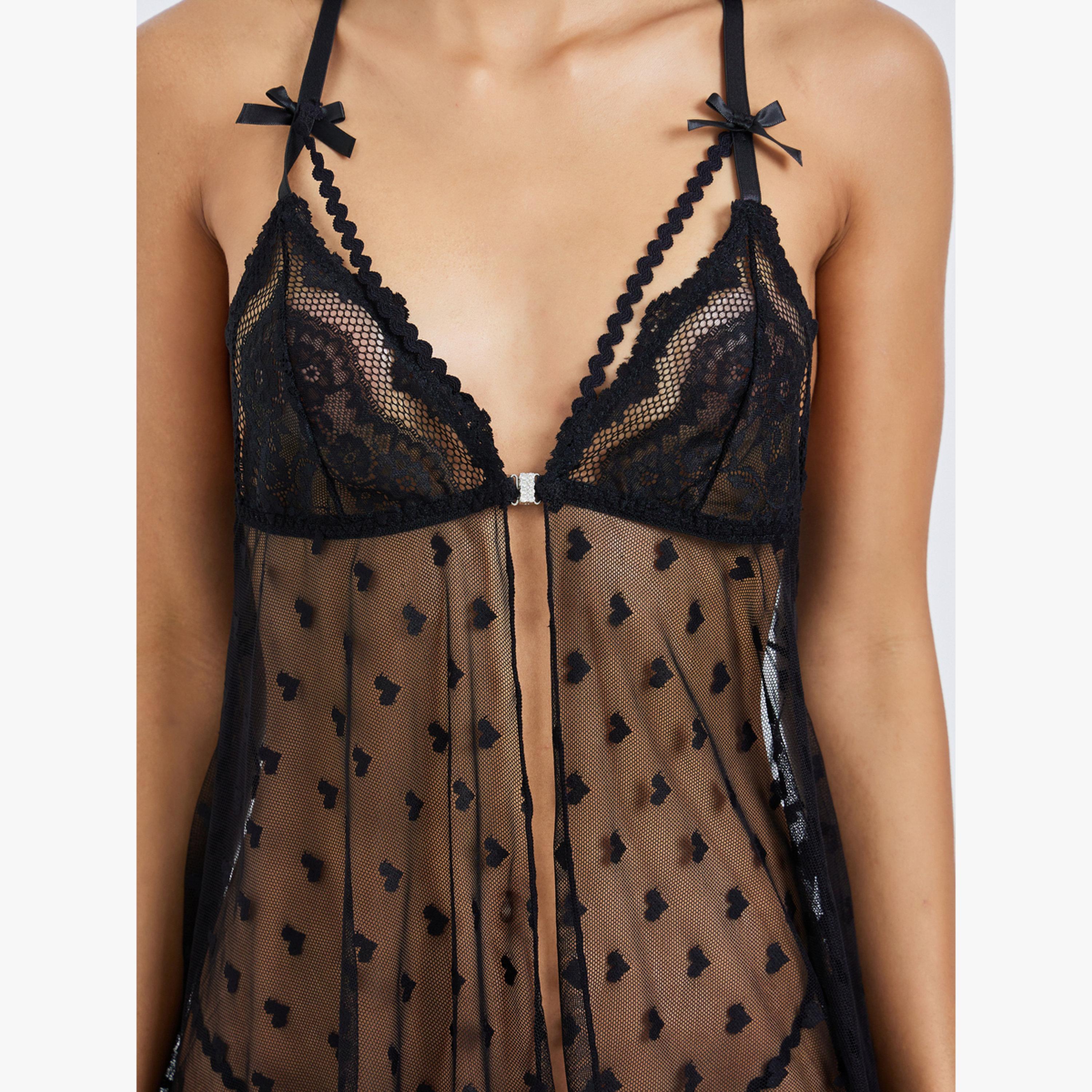 مجموعة من قميص نوم وسروال داخلي بتفاصيل زهور-women-clothing-lingerie-babydollsandbodysuits-image-4