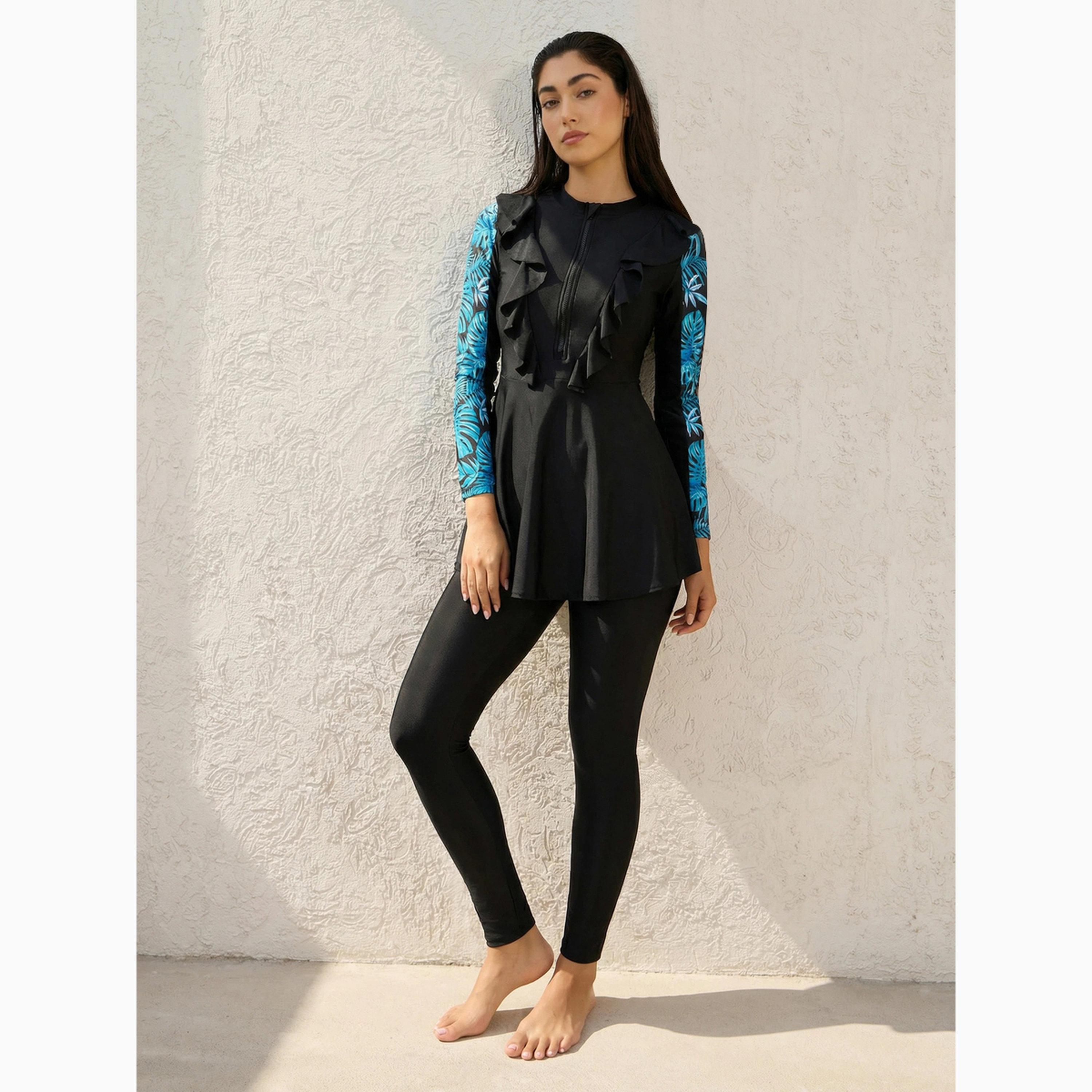 Styli Pack of 2 - Full Printed Sleeve Panel Tunic with Ruffle Detail and Leggings Burkini Set-women-clothing-swimandbeach-swim-burkinis-image-1