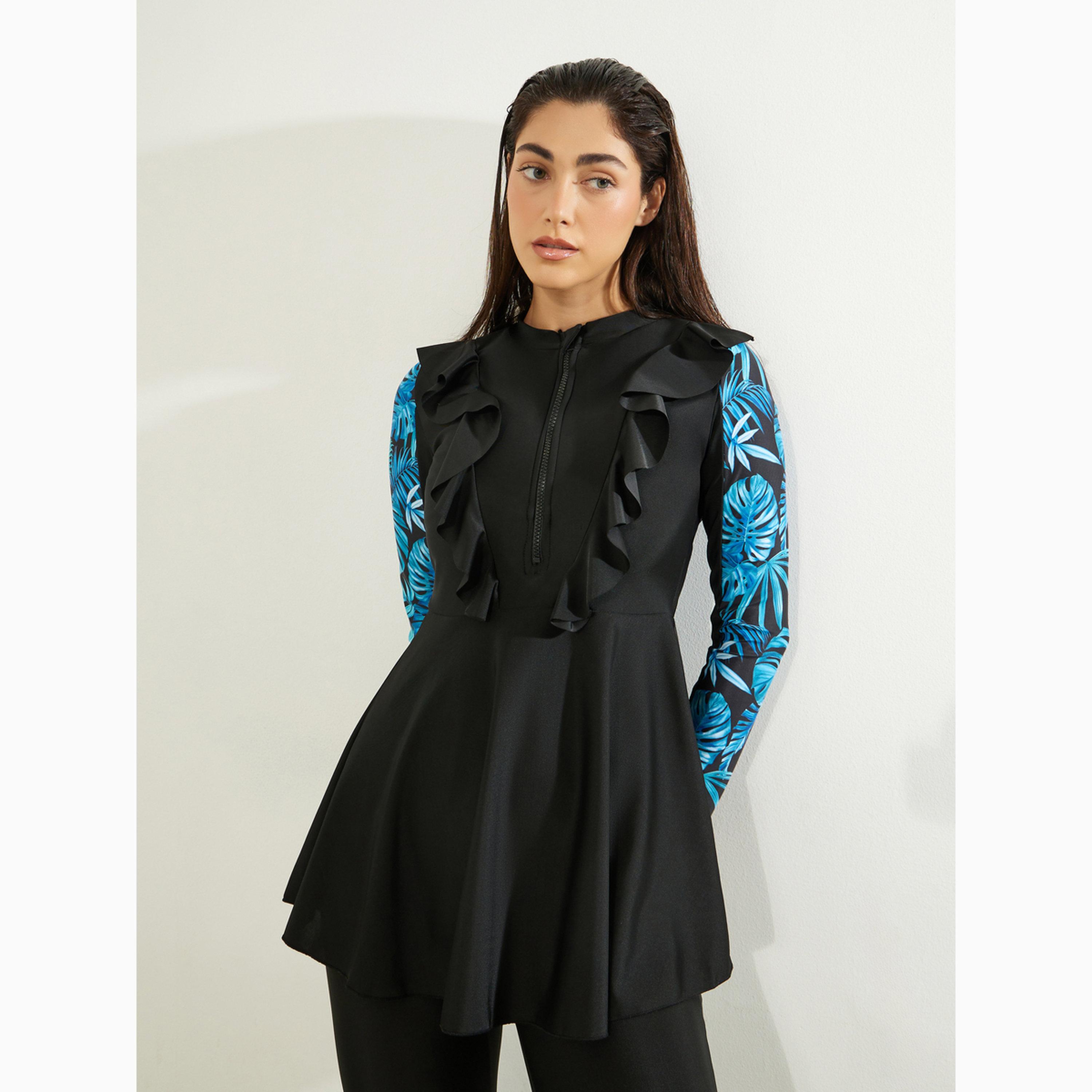 Styli Pack of 2 - Full Printed Sleeve Panel Tunic with Ruffle Detail and Leggings Burkini Set-women-clothing-swimandbeach-swim-burkinis-image-2