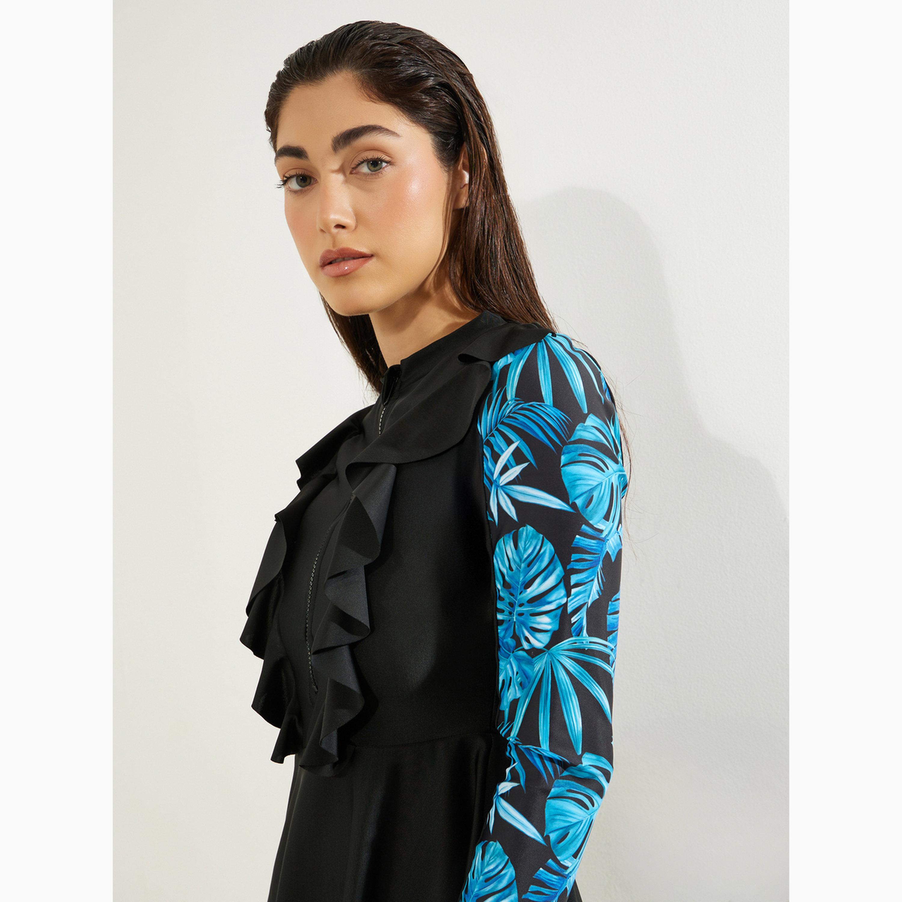 Styli Pack of 2 - Full Printed Sleeve Panel Tunic with Ruffle Detail and Leggings Burkini Set-women-clothing-swimandbeach-swim-burkinis-image-3