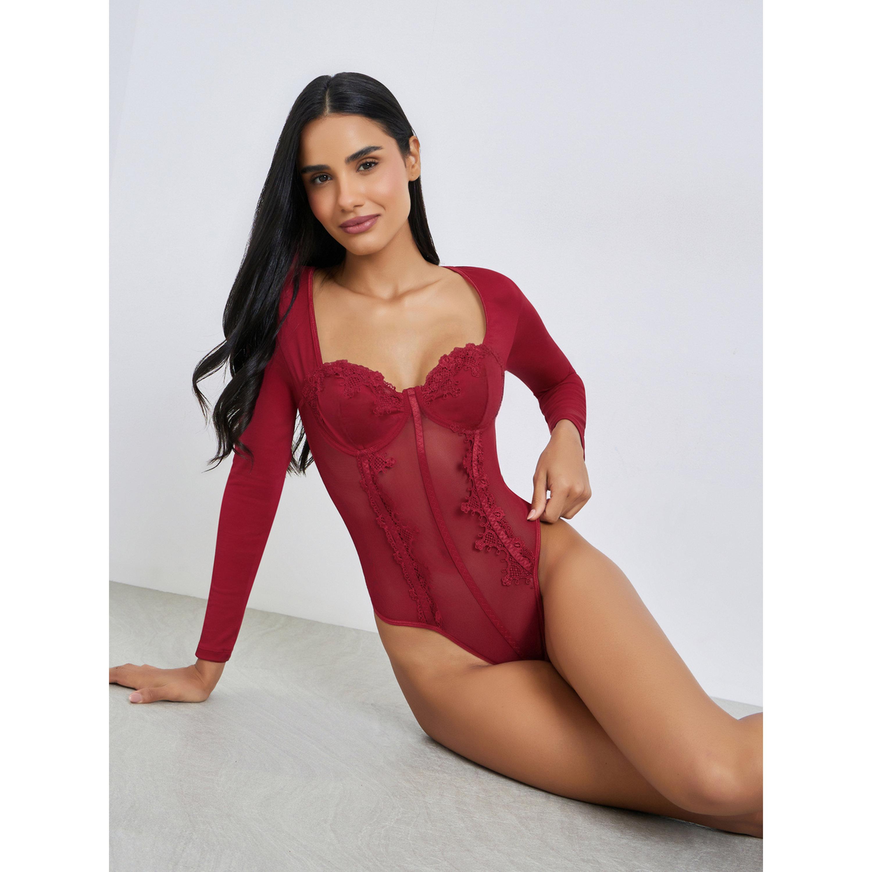 Styli Burgundy Lace and Mesh Bodysuit-women-clothing-lingerie-babydollsandbodysuits-image-2