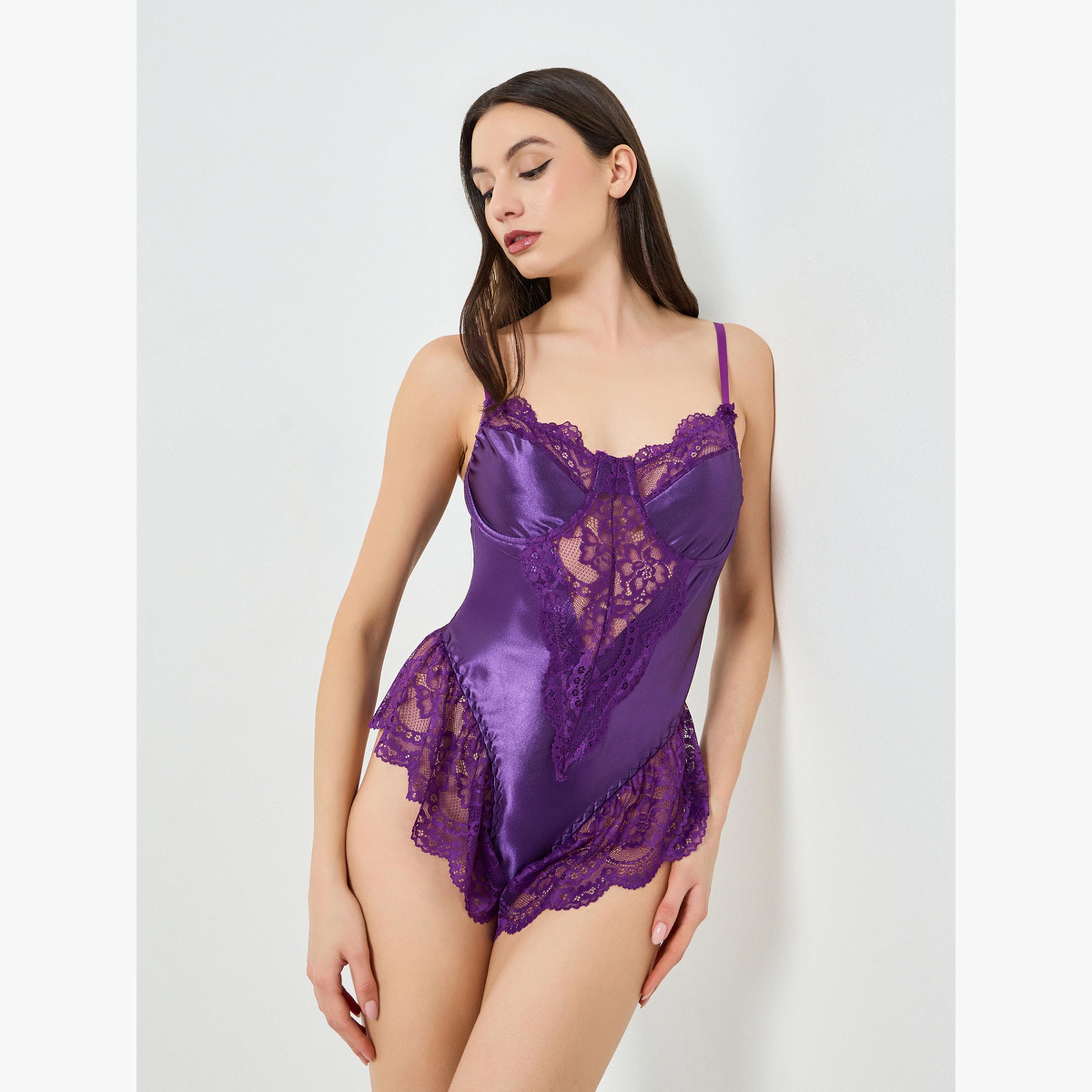 Styli Satin Wired Bodysuit with Lace and Ruffle Detail-women-clothing-lingerie-babydollsandbodysuits-image-1