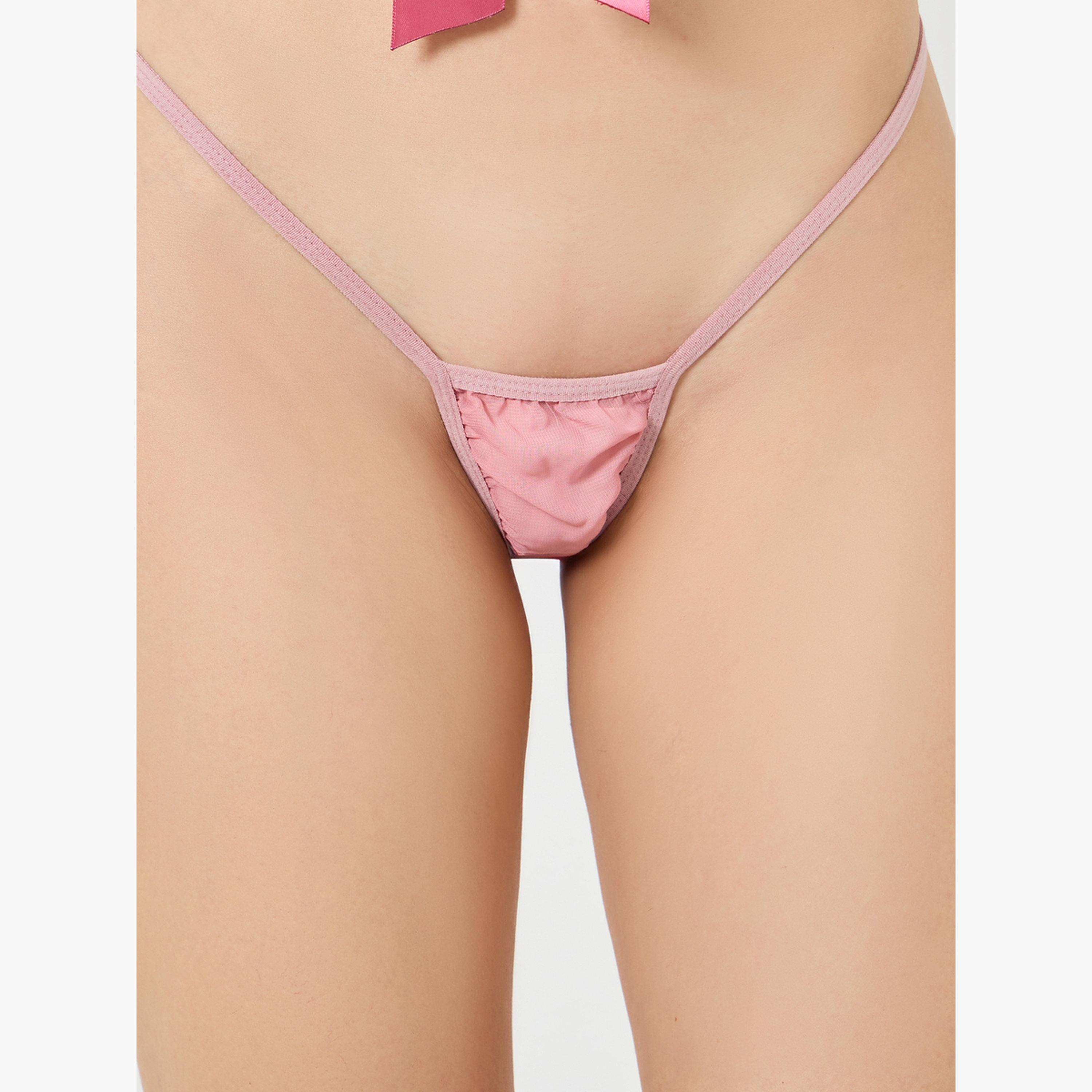 Styli Pink Bow Detail Pleated Babydoll with Brief-women-clothing-lingerie-babydollsandbodysuits-image-4