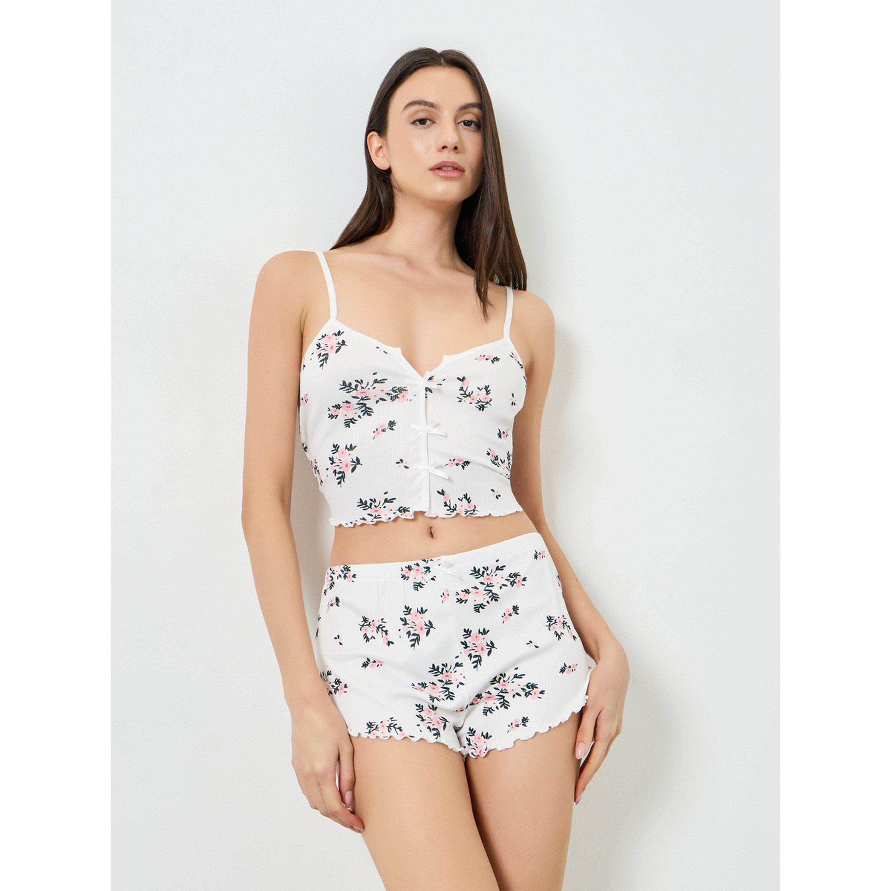 Styli White Floral Print Lettuce Edge Cami and Shorts Set-women-clothing-lingerie-lingeriesets-image-1