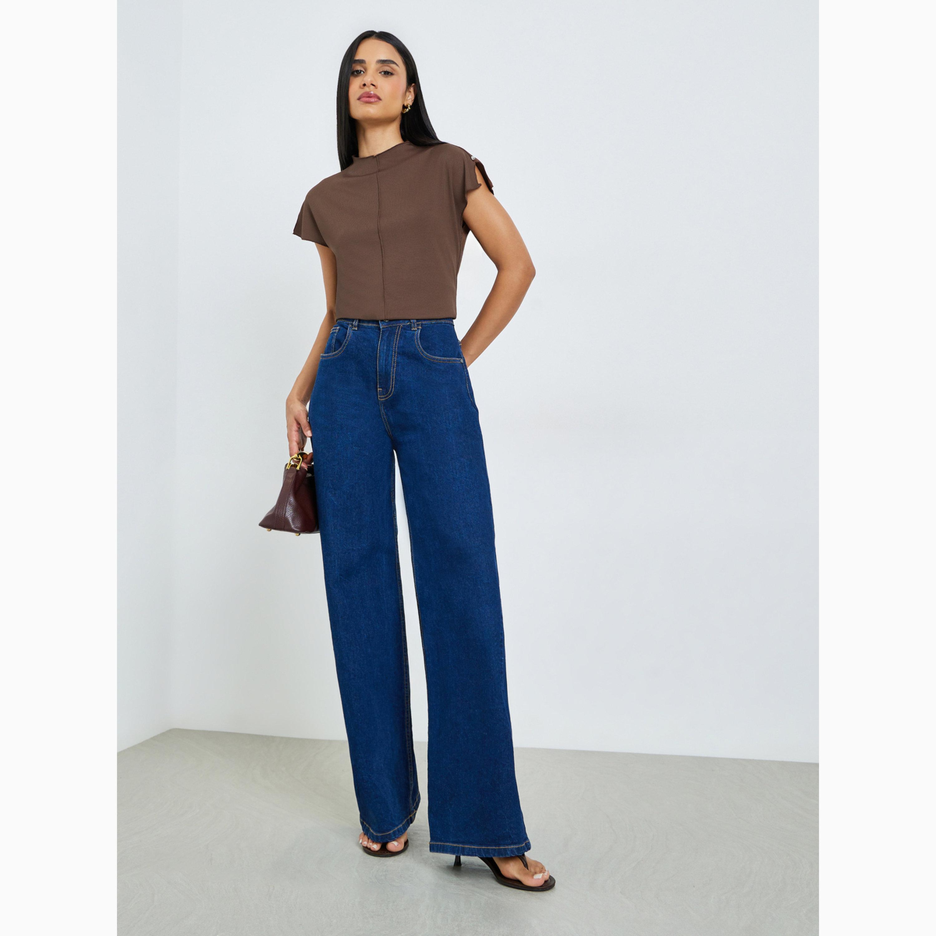 Styli Brown Ribbed High Neck T-Shirt-women-clothing-tshirts-image-2