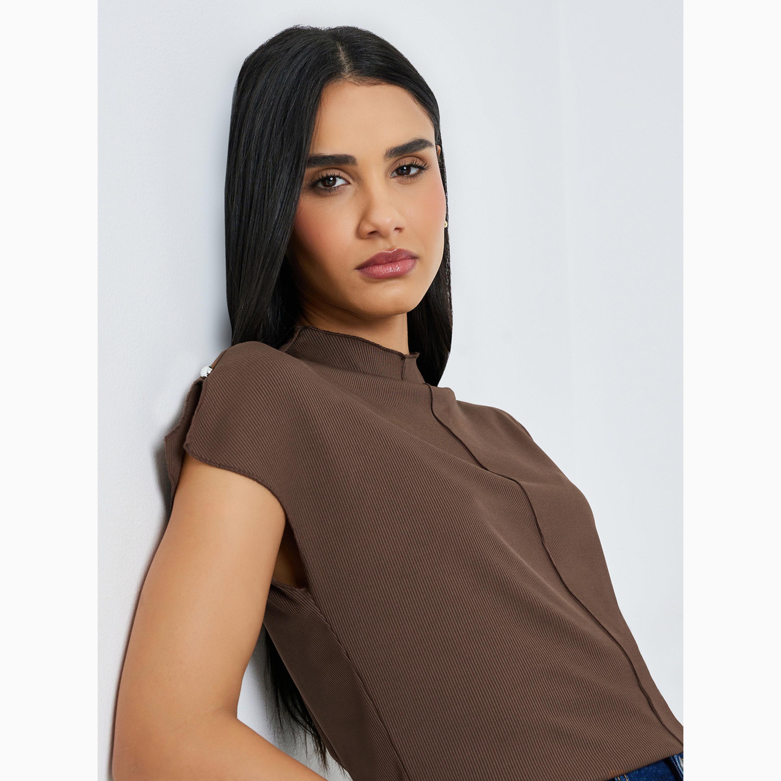Styli Brown Ribbed High Neck T-Shirt-women-clothing-tshirts-image-3