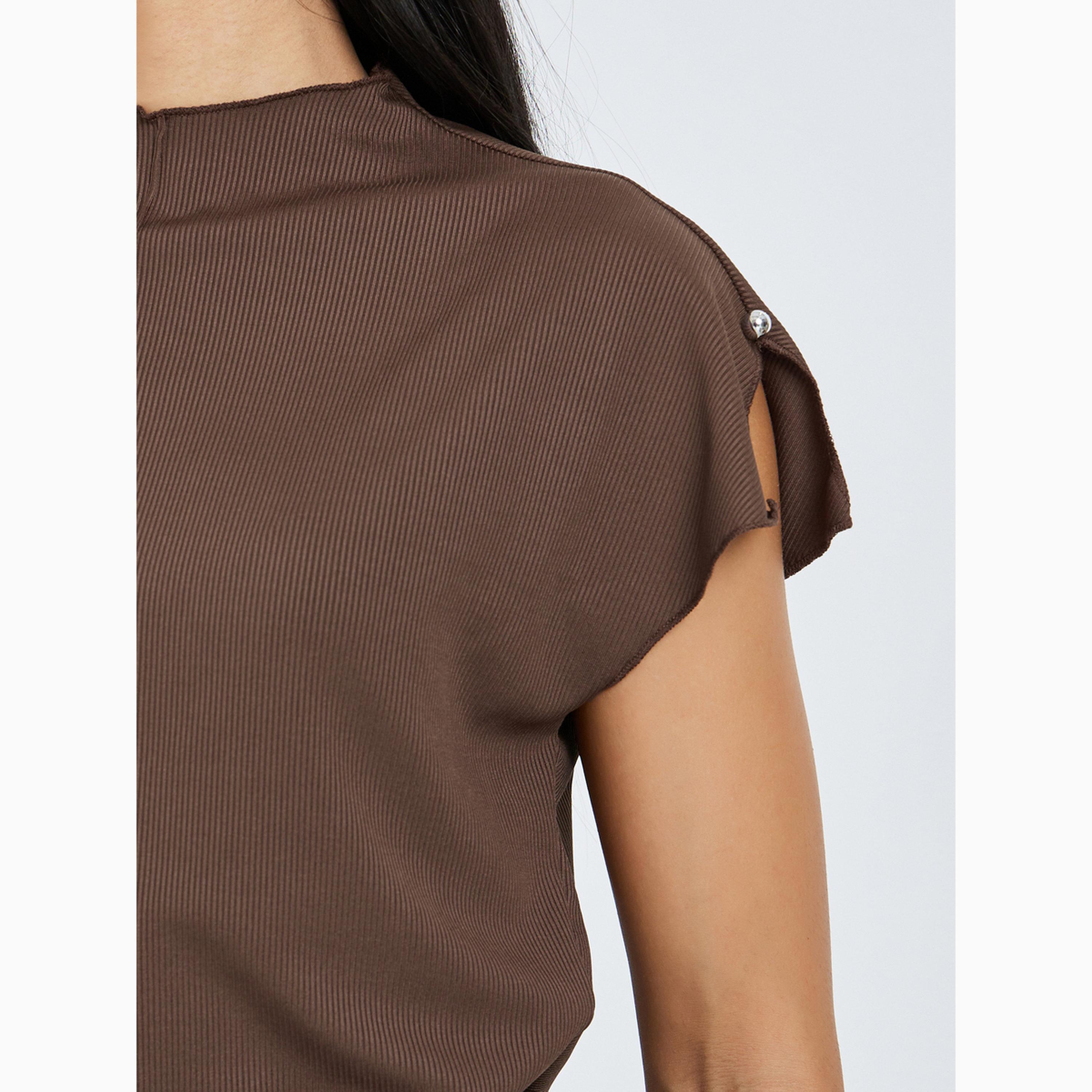 Styli Brown Ribbed High Neck T-Shirt-women-clothing-tshirts-image-6