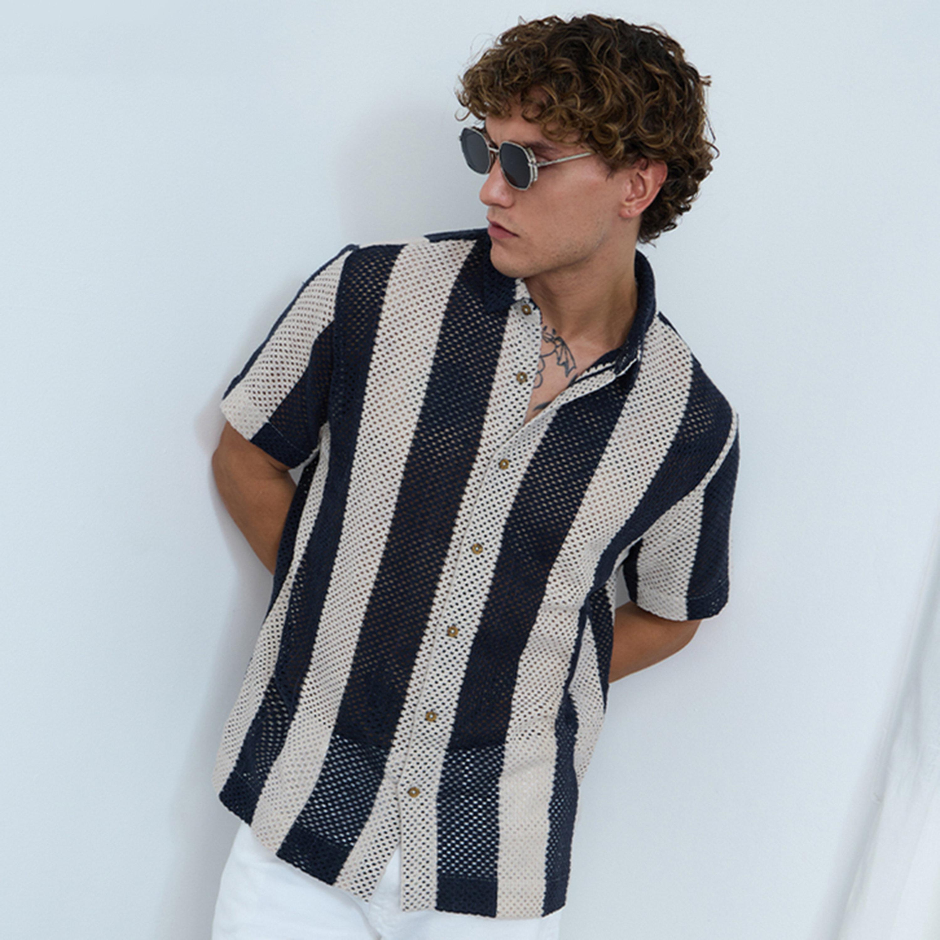 The Souled Store X Styli Men Navy Open-Knit Striped Shirt-men-clothing-shirts-image-1