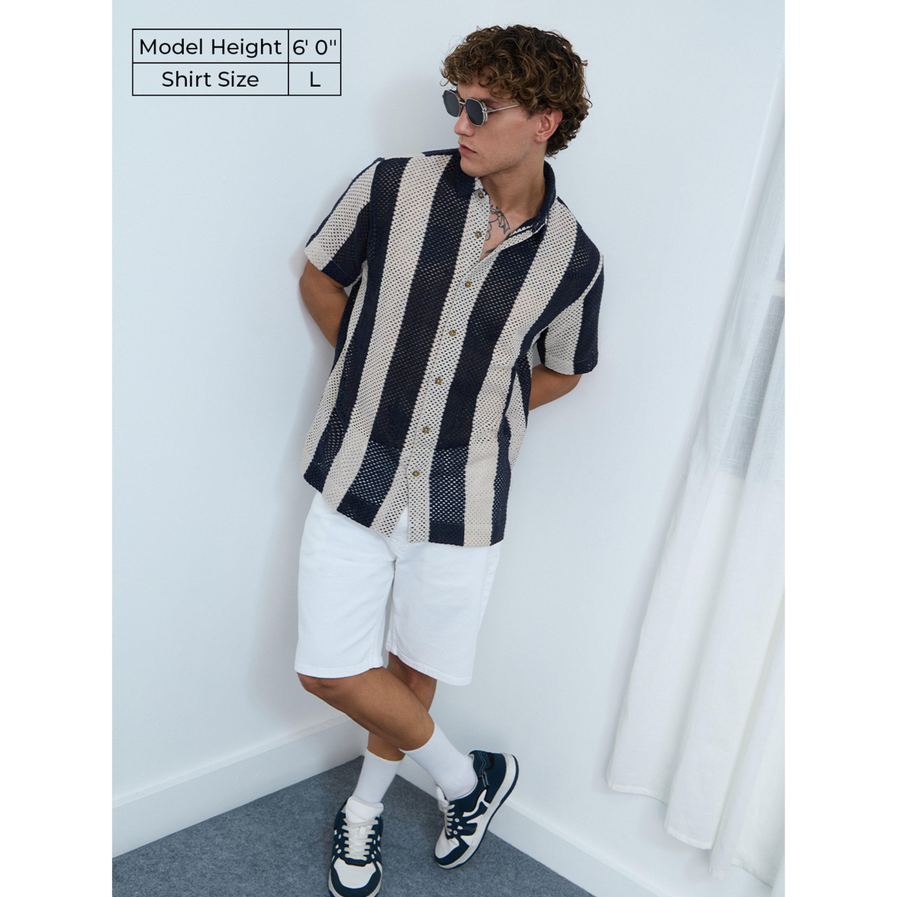 The Souled Store X Styli Men Navy Open-Knit Striped Shirt-men-clothing-shirts-image-2
