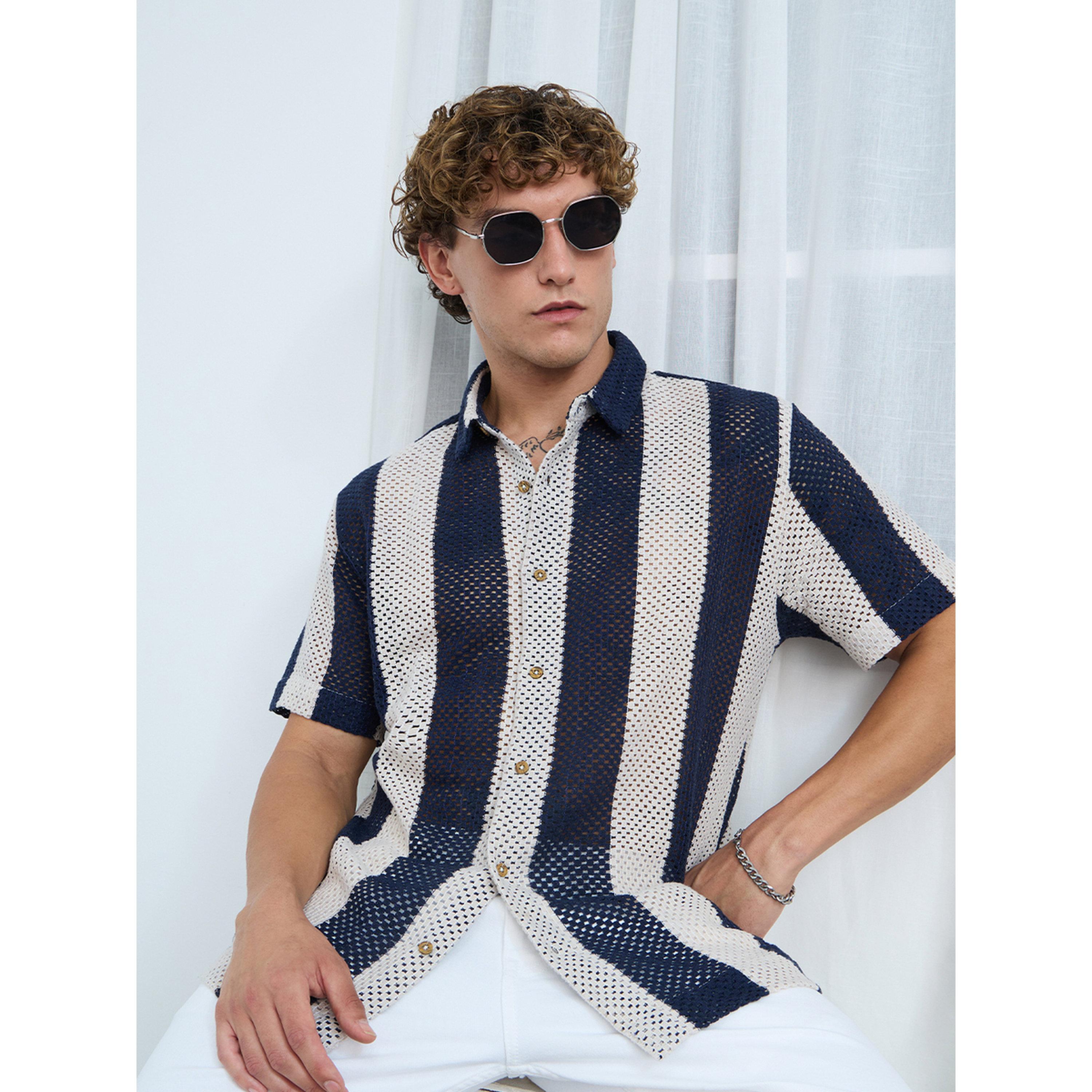 The Souled Store X Styli Men Navy Open-Knit Striped Shirt-men-clothing-shirts-image-3