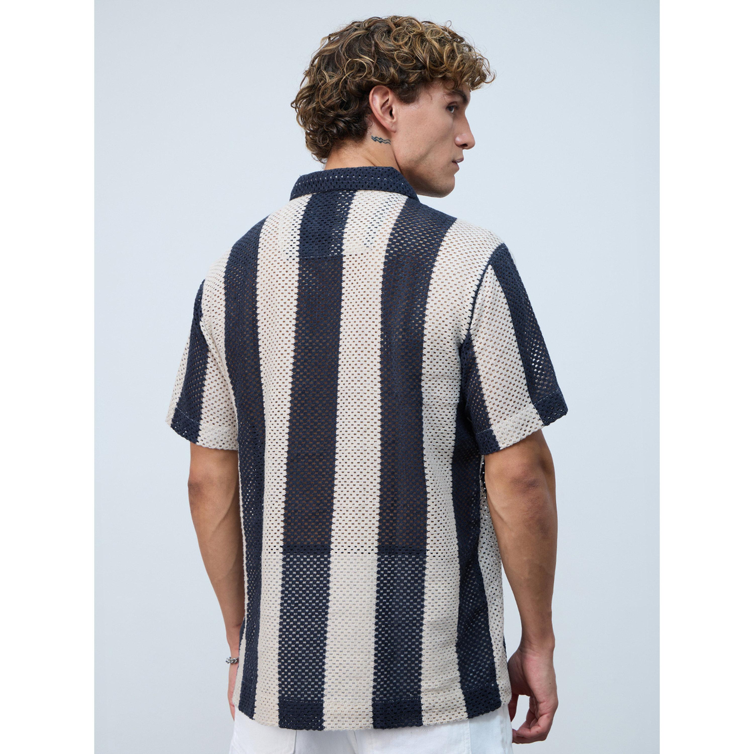 The Souled Store X Styli Men Navy Open-Knit Striped Shirt-men-clothing-shirts-image-4
