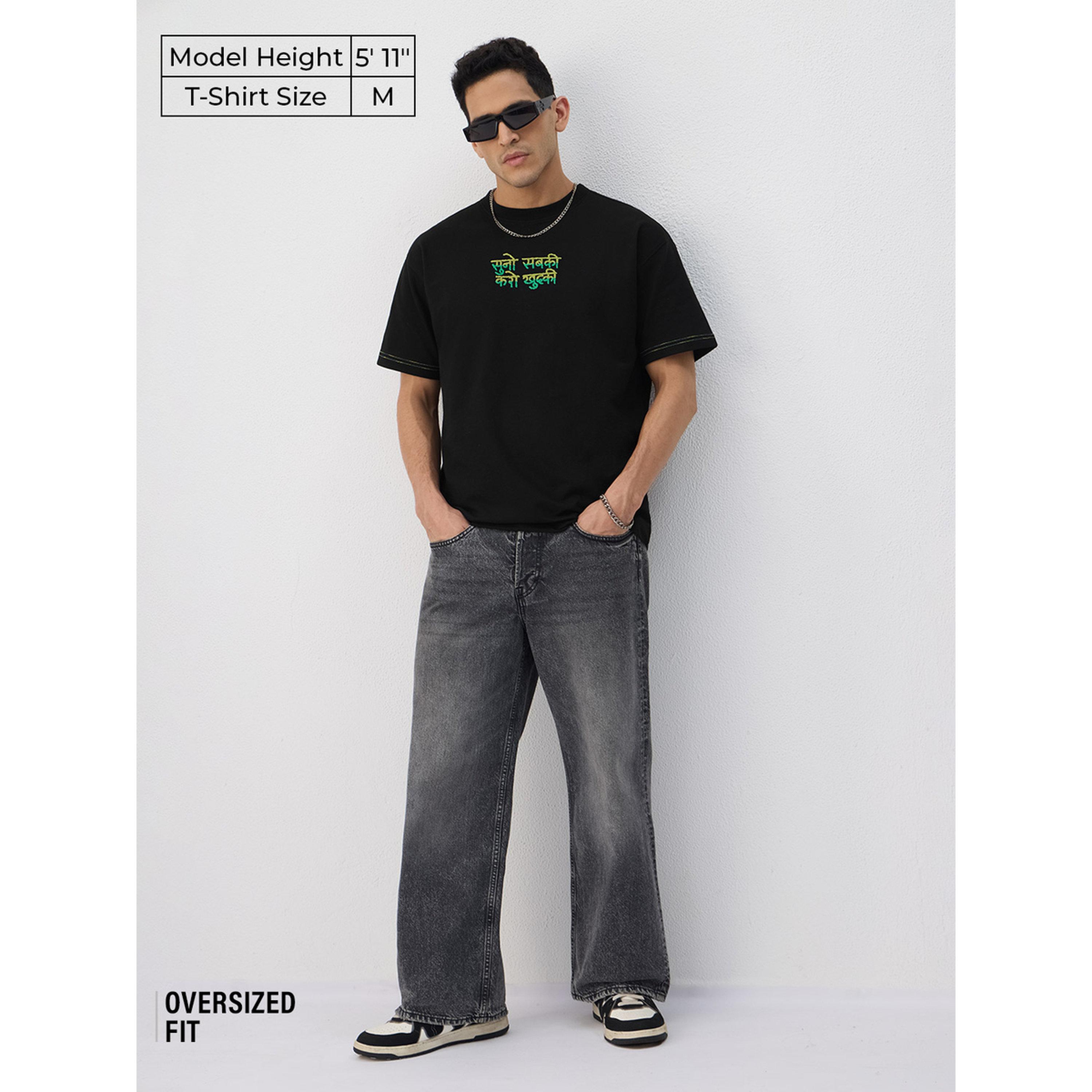 The Souled Store X Styli Black Oversized Embroidered Cotton T-Shirt-men-clothing-tshirtsandpolos-tshirts-image-2