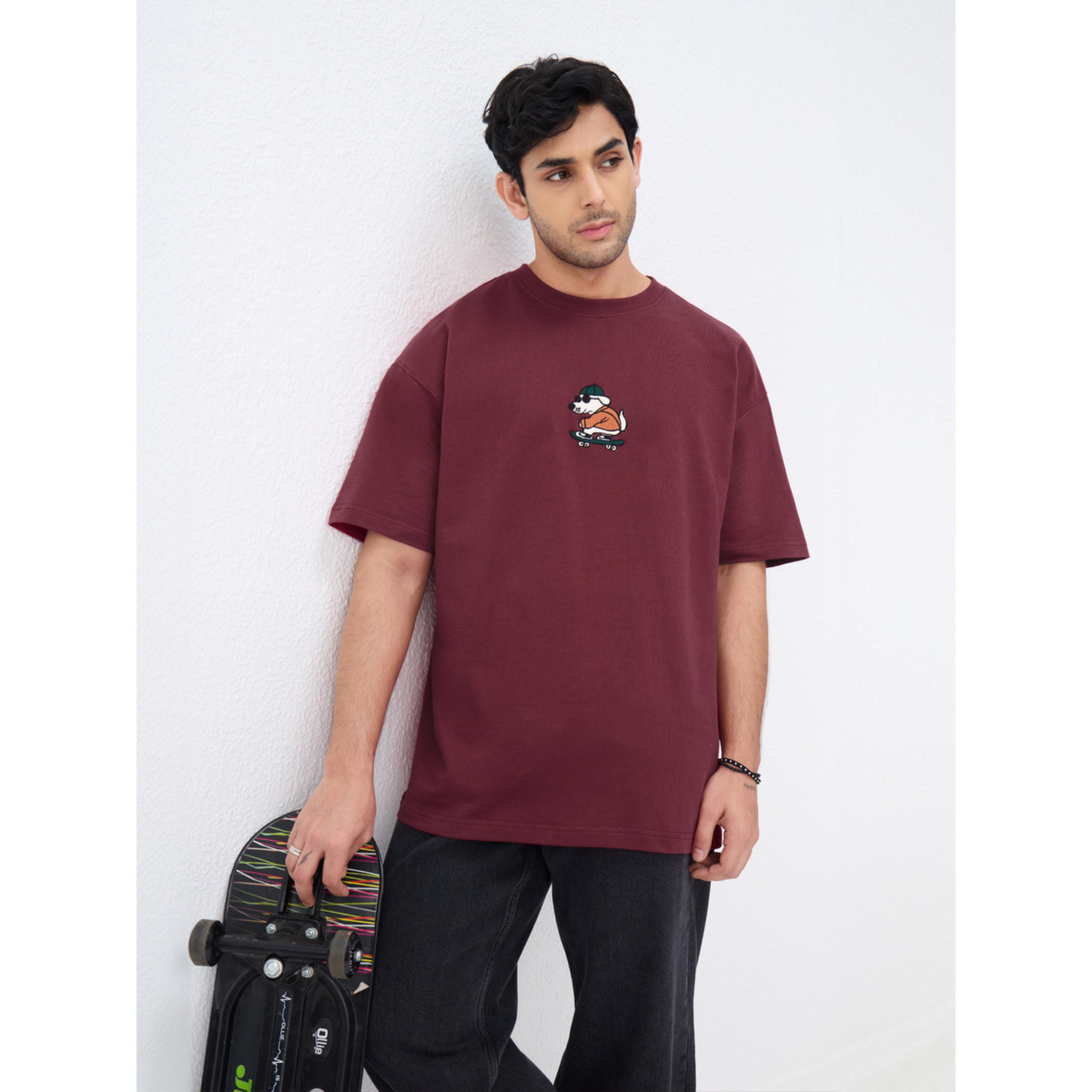 The Souled Store X Styli Men Maroon Embroidered Oversized T-Shirt-men-clothing-tshirtsandpolos-tshirts-image-1