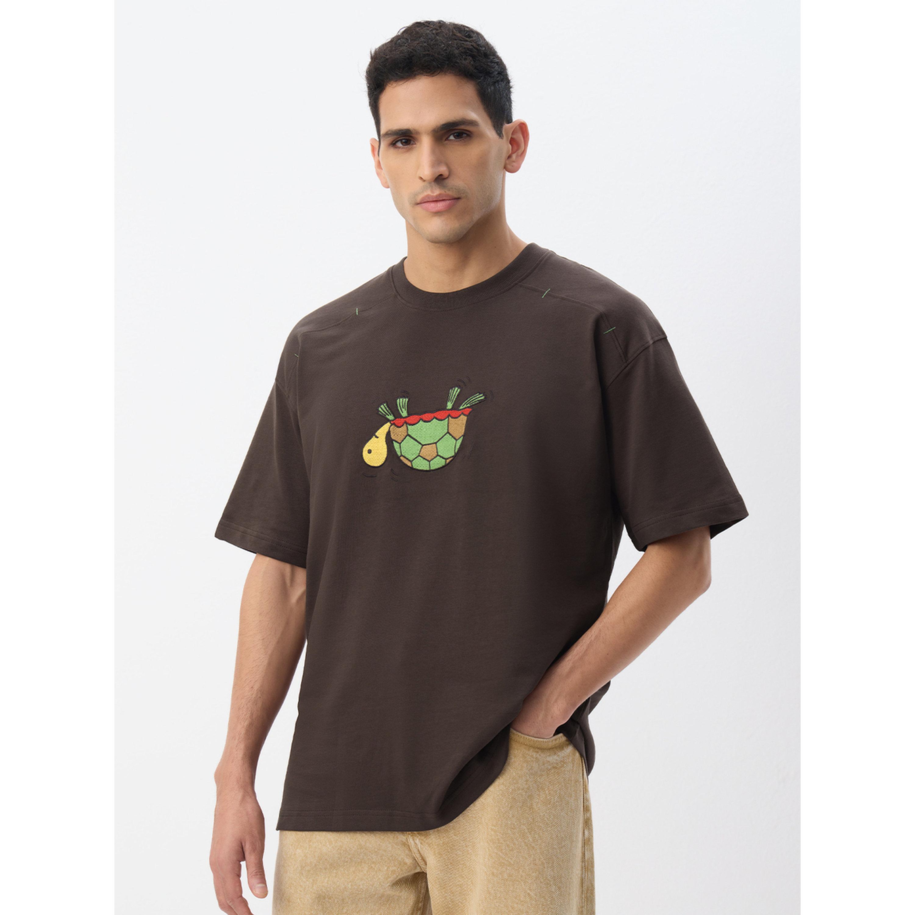 The Souled Store X Styli Men Brown Turtle Detail Oversized T-Shirt-men-clothing-tshirtsandpolos-tshirts-image-1