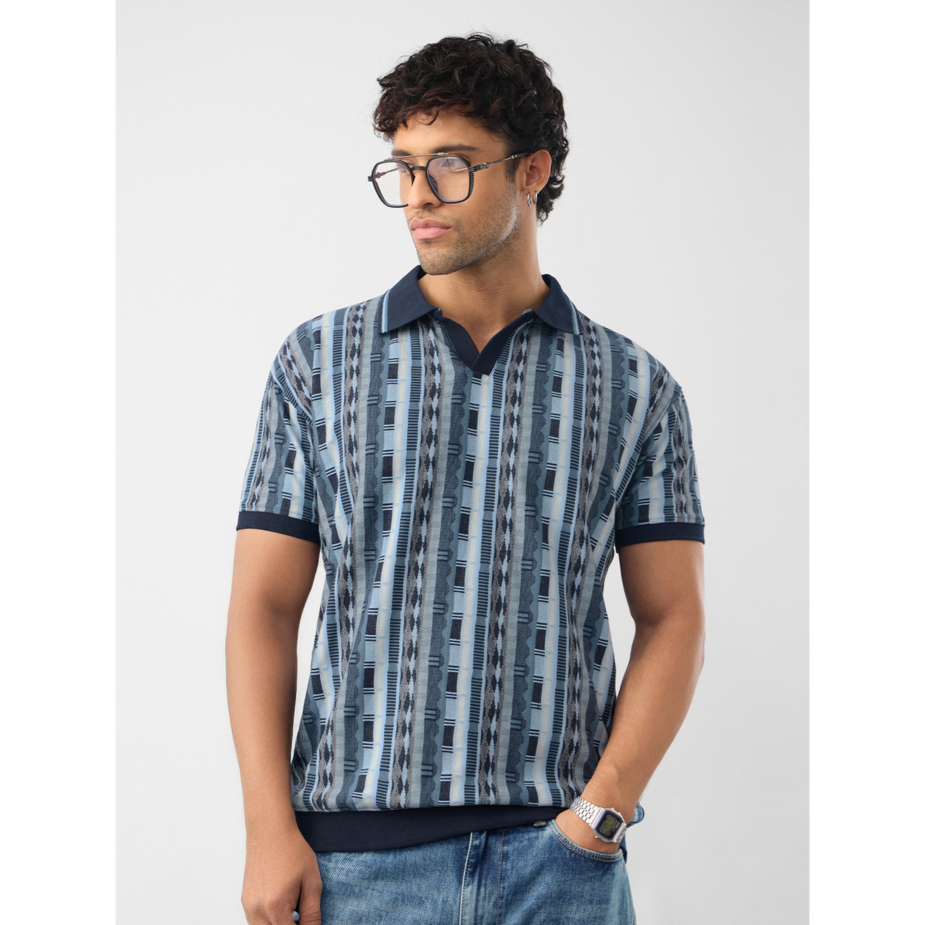 The Souled Store X Styli Blue Jacquard Pattern Knit Polo-men-clothing-tshirtsandpolos-polos-image-1