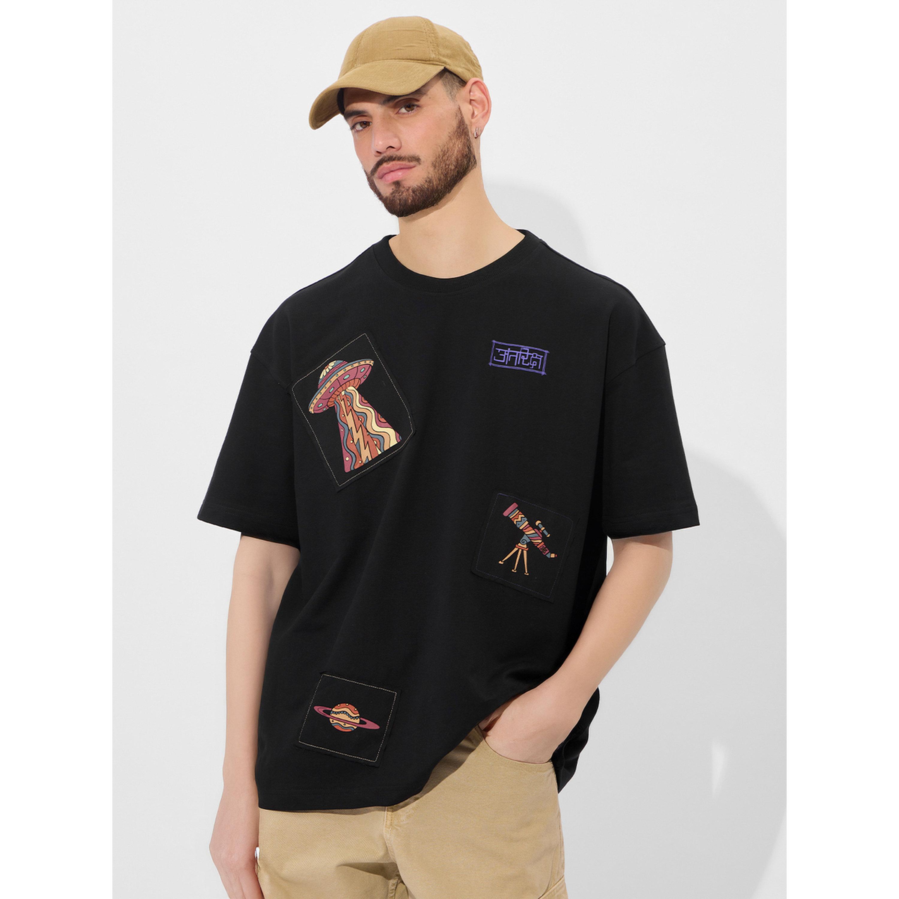 The Souled Store X Styli Black Patch Detail Cotton Oversized T-Shirt-men-clothing-tshirtsandpolos-tshirts-image-1