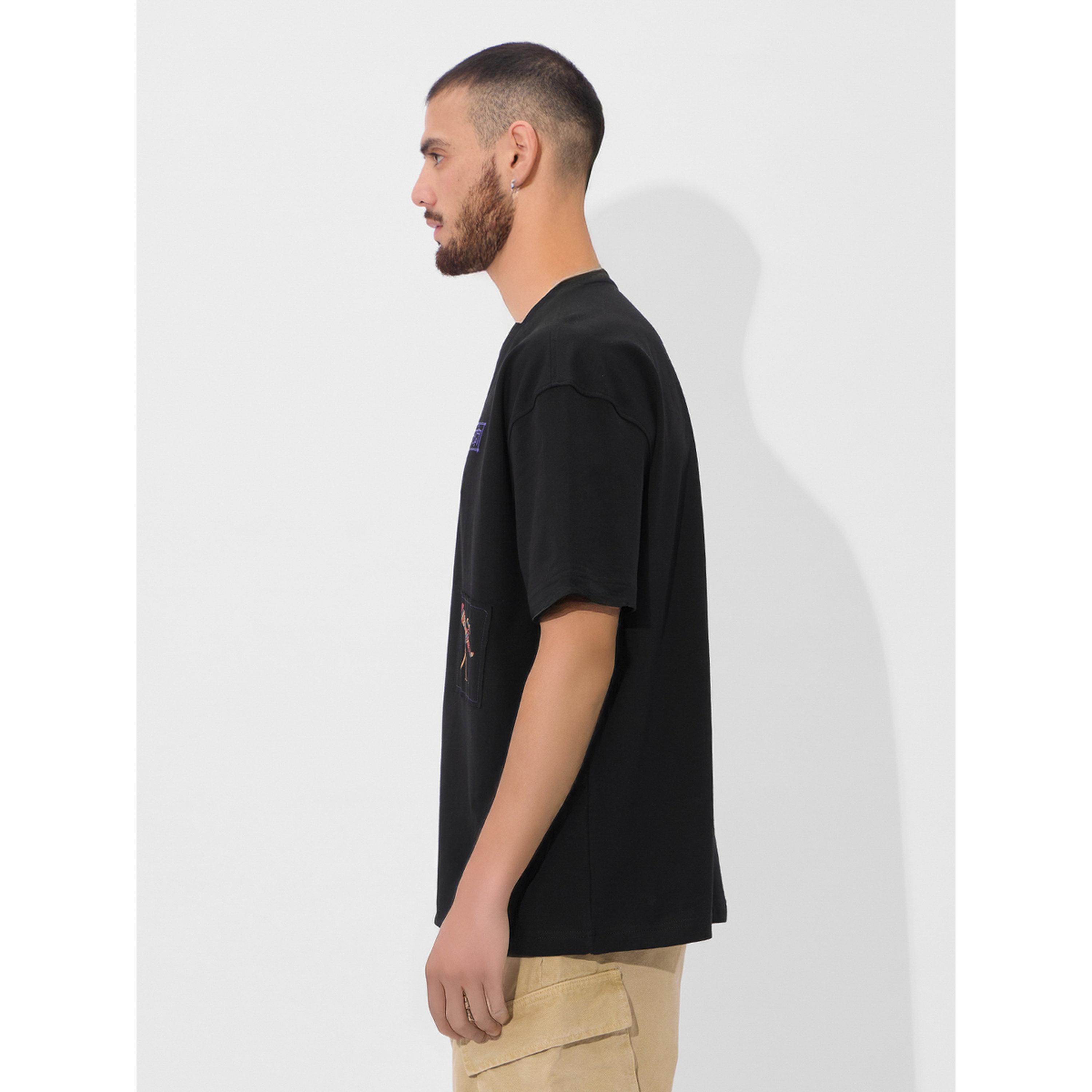 The Souled Store X Styli Black Patch Detail Cotton Oversized T-Shirt-men-clothing-tshirtsandpolos-tshirts-image-2