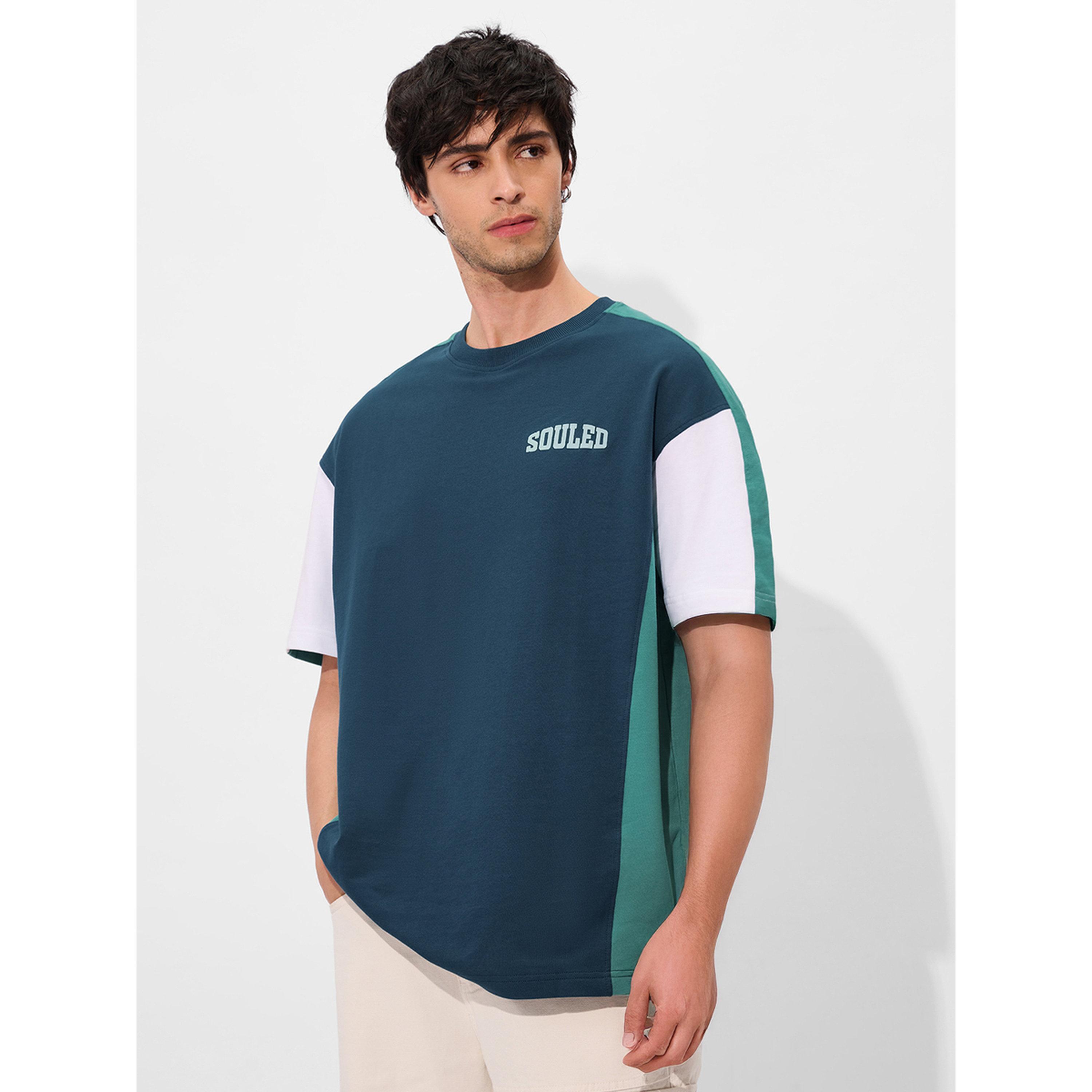The Souled Store X Styli Teal Color Block Cotton Oversized T-Shirt-men-clothing-tshirtsandpolos-tshirts-image-1