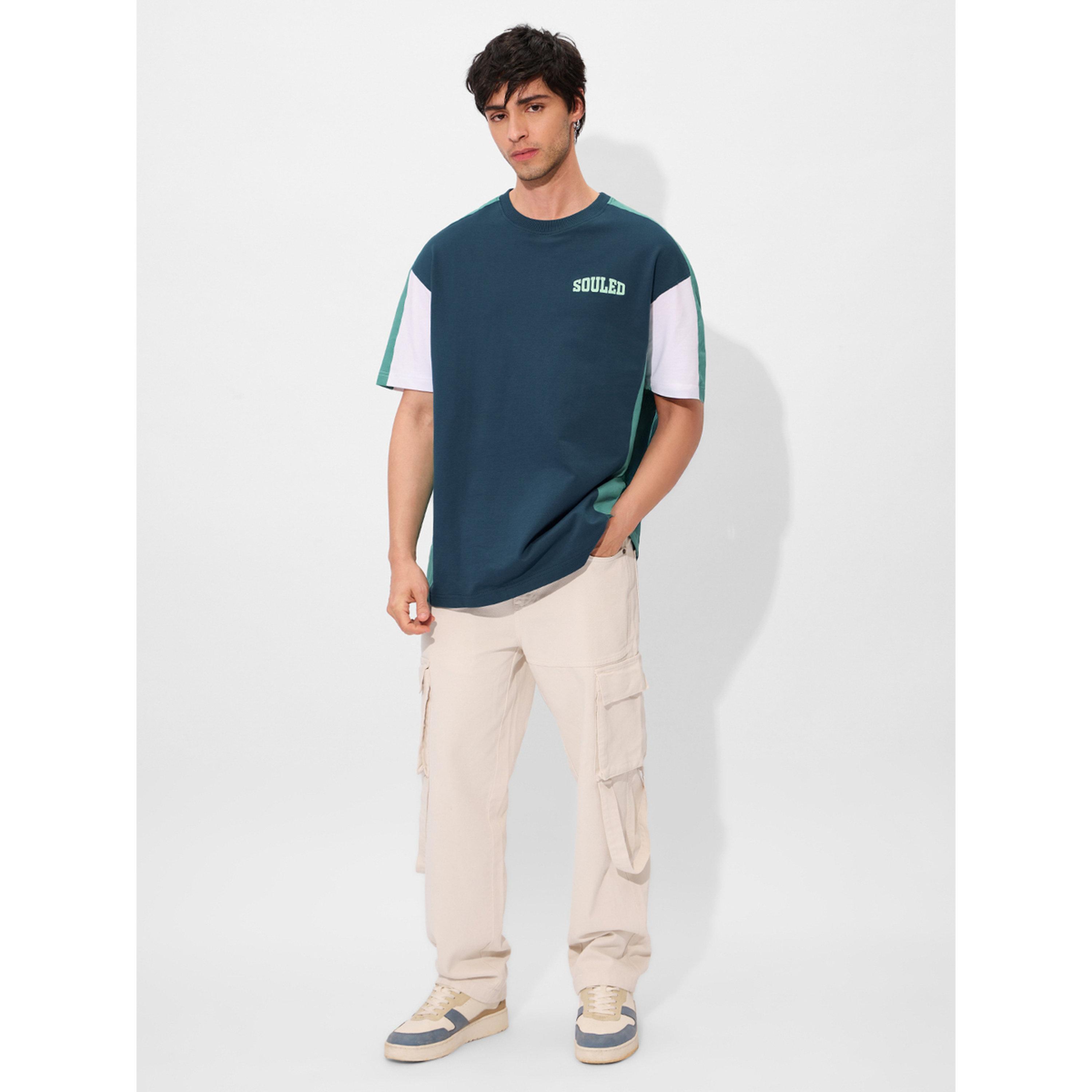 The Souled Store X Styli Teal Color Block Cotton Oversized T-Shirt-men-clothing-tshirtsandpolos-tshirts-image-2