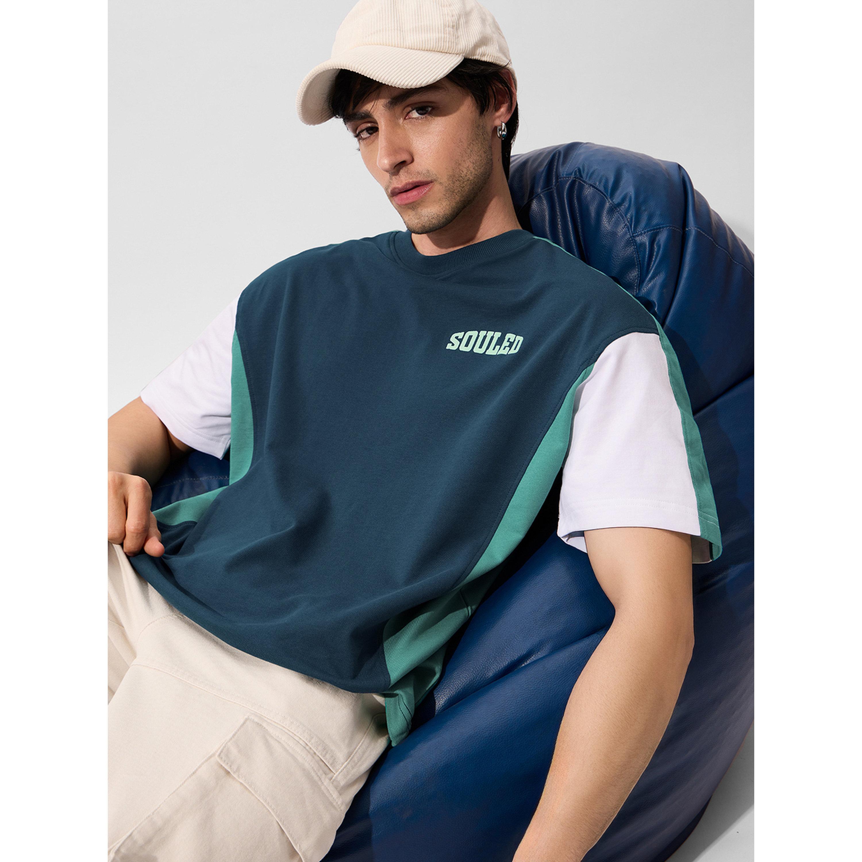 The Souled Store X Styli Teal Color Block Cotton Oversized T-Shirt-men-clothing-tshirtsandpolos-tshirts-image-5