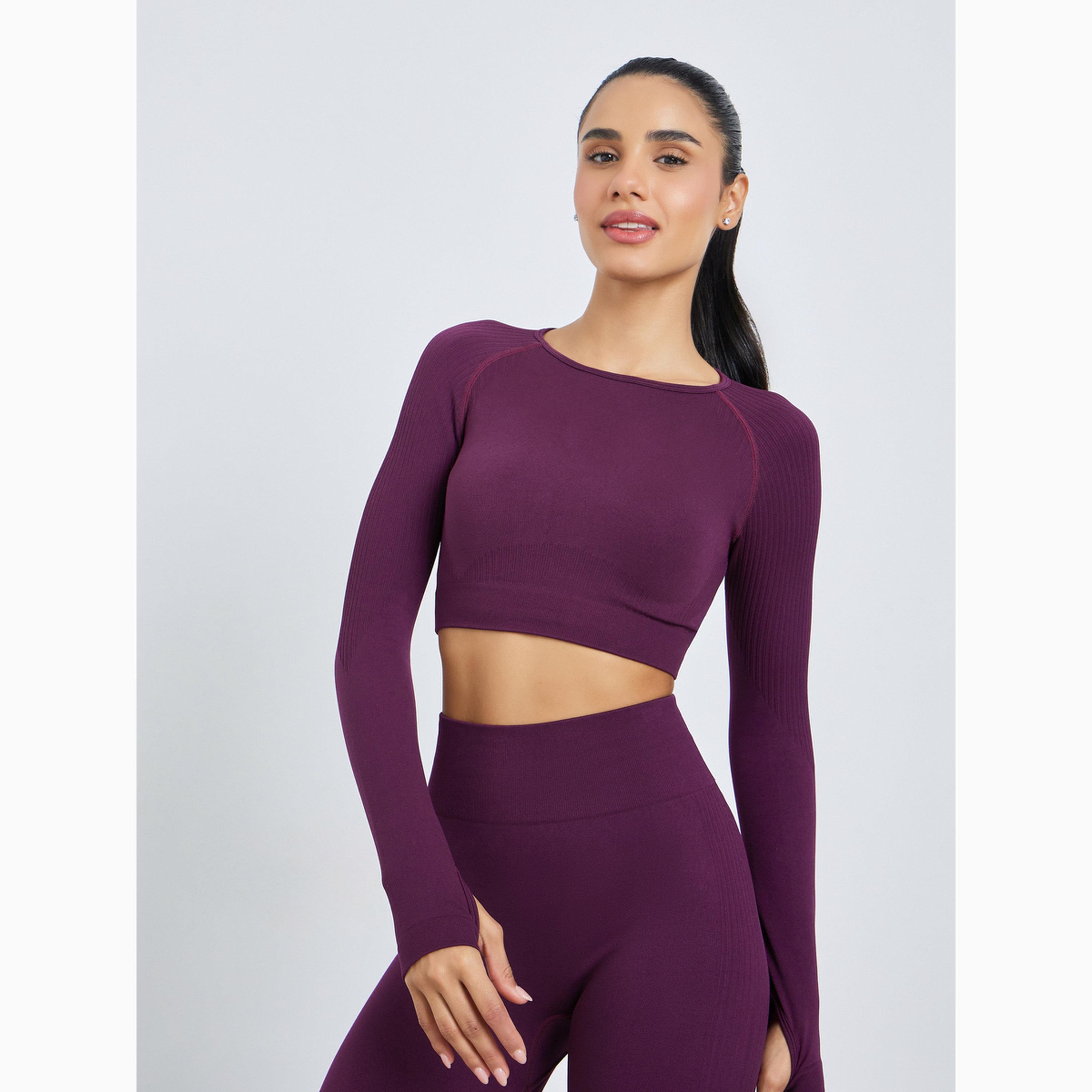 مجموعة من ليقنز وبلوزة قصيرة جاكار بتفاصيل فتحة إبهام-women-clothing-sportswearandactivewear-trackpantsandtracksuits-image-3