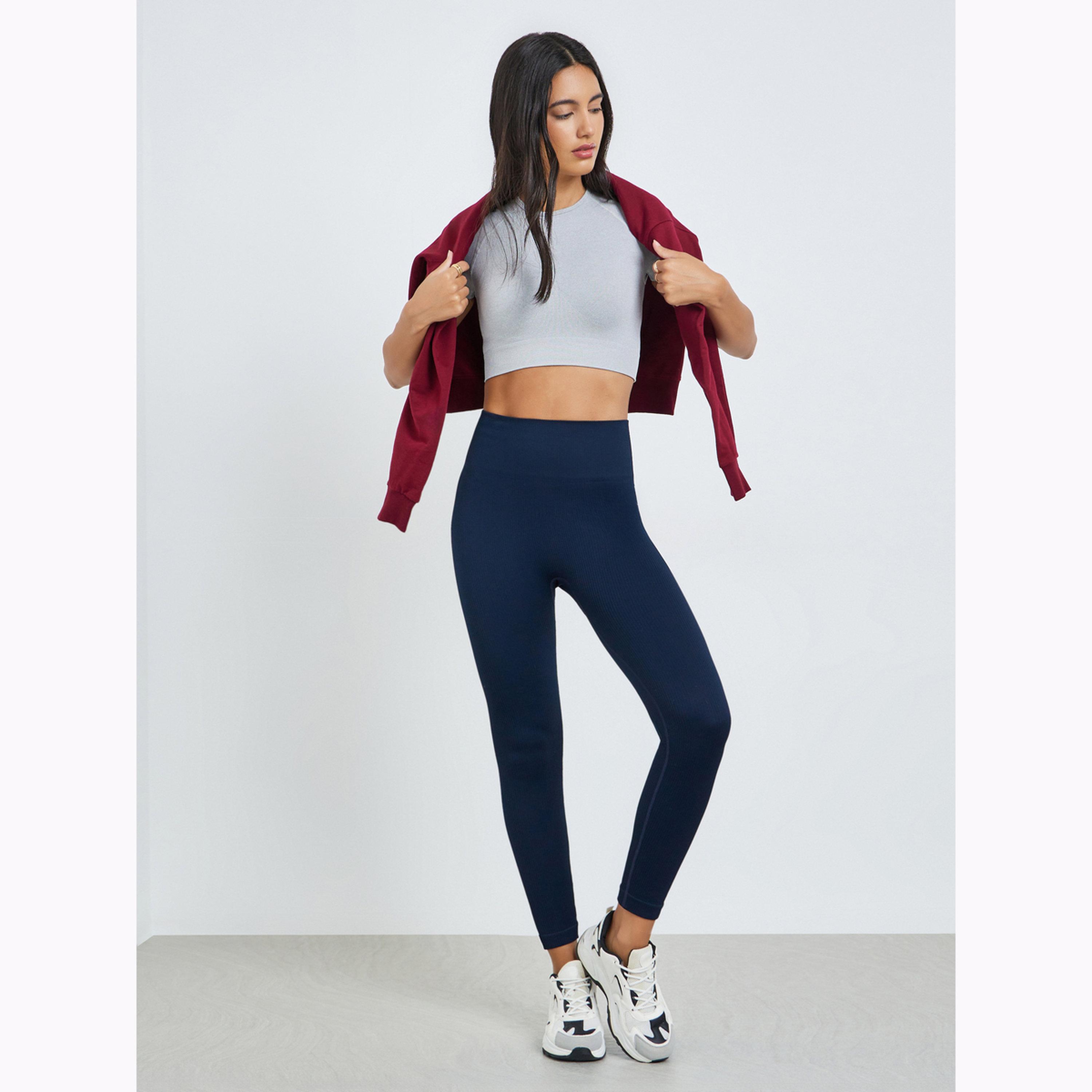 Styli Navy Blue Rib Textured Scrunch Back Leggings-women-clothing-bottoms-leggings-image-2