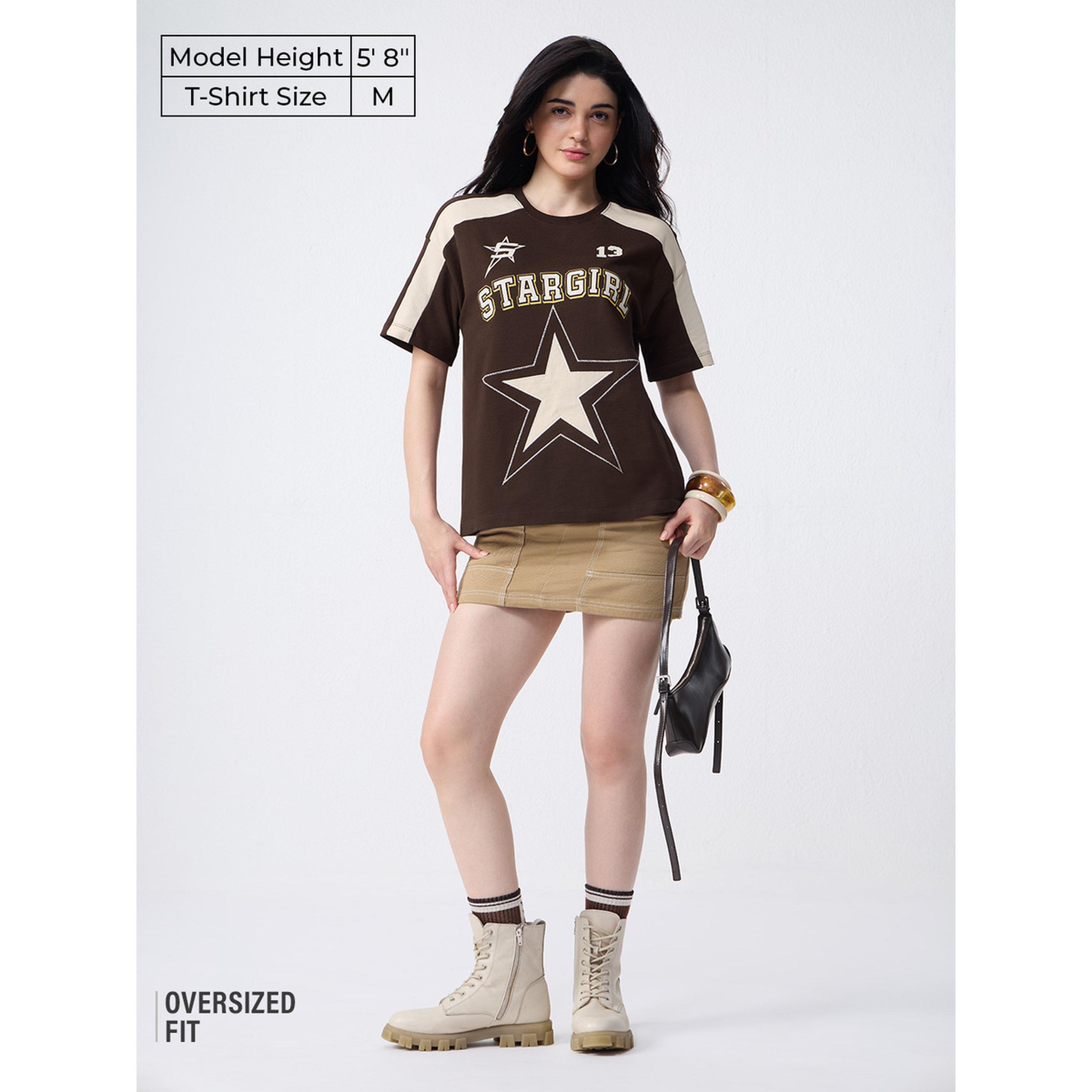 The Souled Store X Styli Brown Graphic Stargirl Oversized T-Shirt-women-clothing-tshirts-image-2