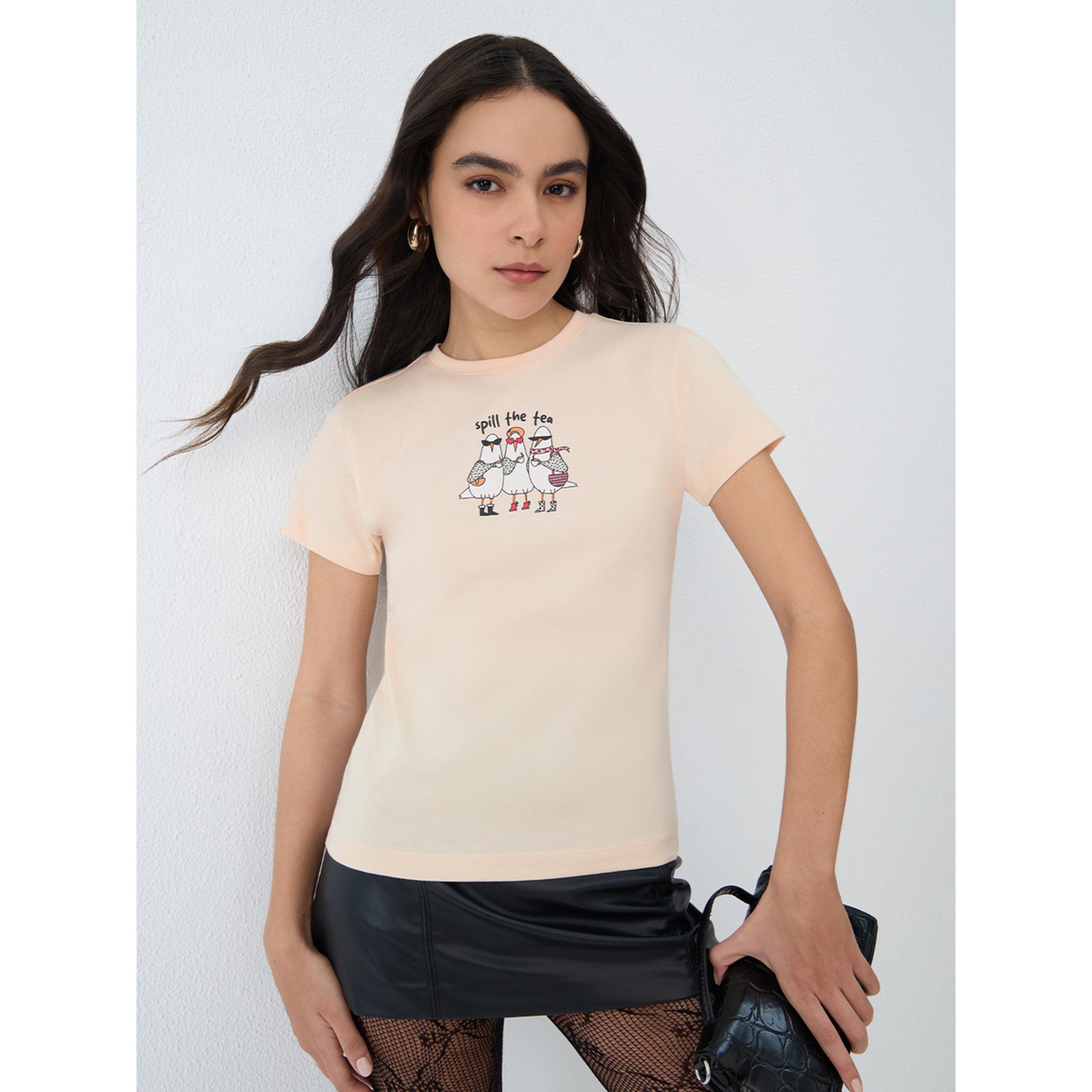 The Souled Store X Styli Peach Graphic Print Cotton T-Shirt-women-clothing-tshirts-image-1