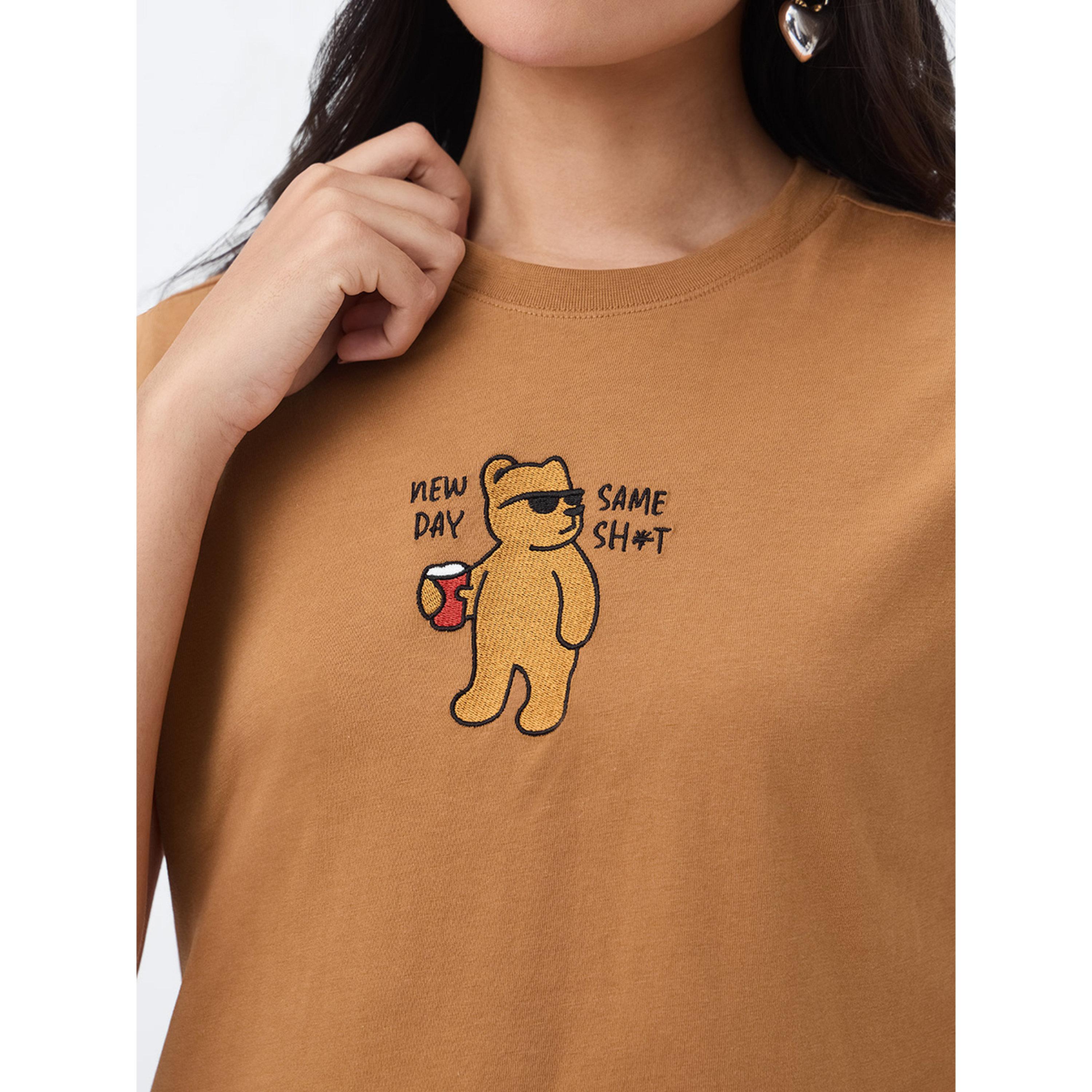 The Souled Store X Styli Brown Embroidered Bear Graphic T-Shirt-women-clothing-tshirts-image-5