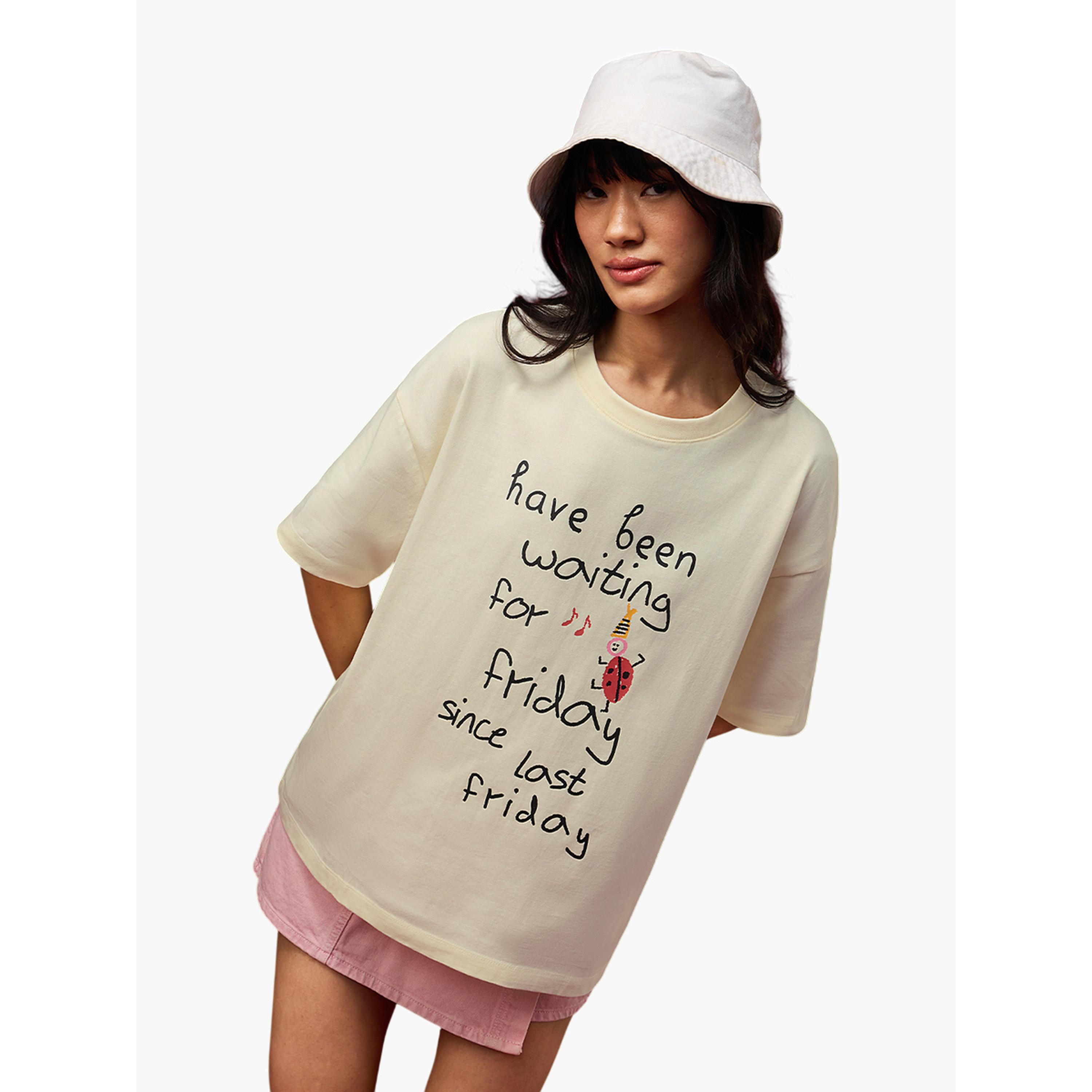 The Souled Store X Styli Off White Slogan Print Oversized T-Shirt-women-clothing-tshirts-image-1