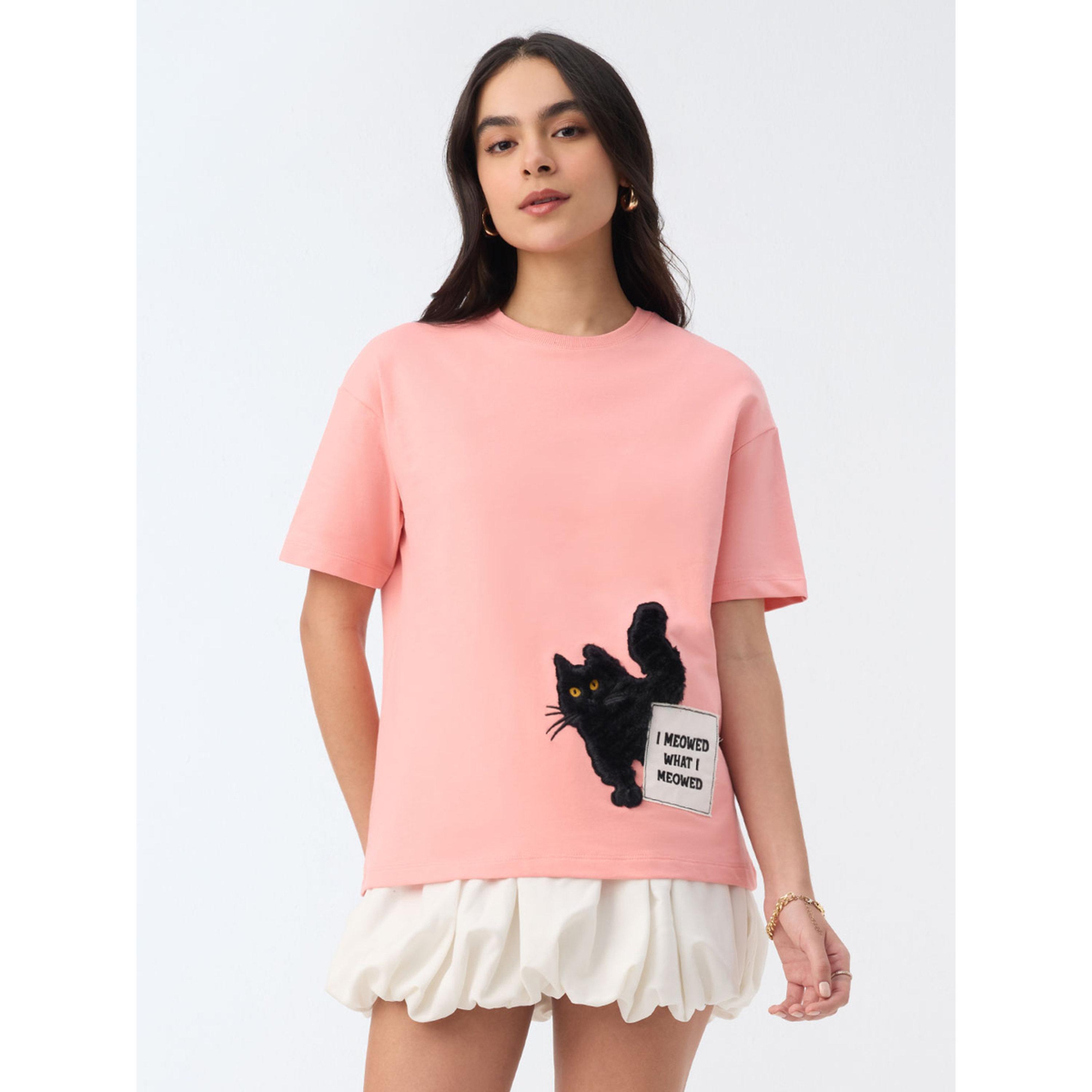 The Souled Store X Styli Pink Oversized T-Shirt with Embroidered Cat-women-clothing-tshirts-image-1