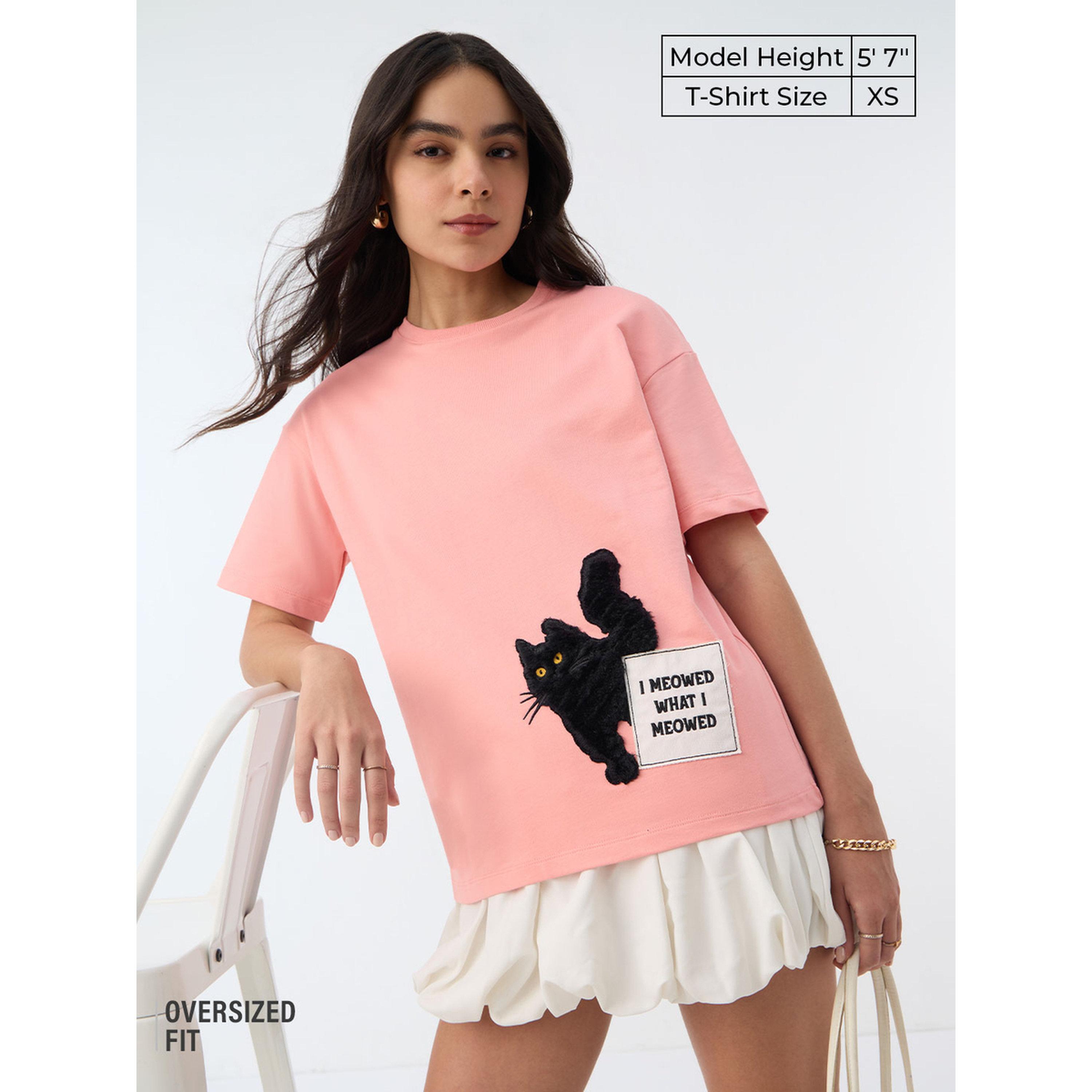 تيشيرت بقصة واسعة مع قطة مطرزة-women-clothing-tshirts-image-3