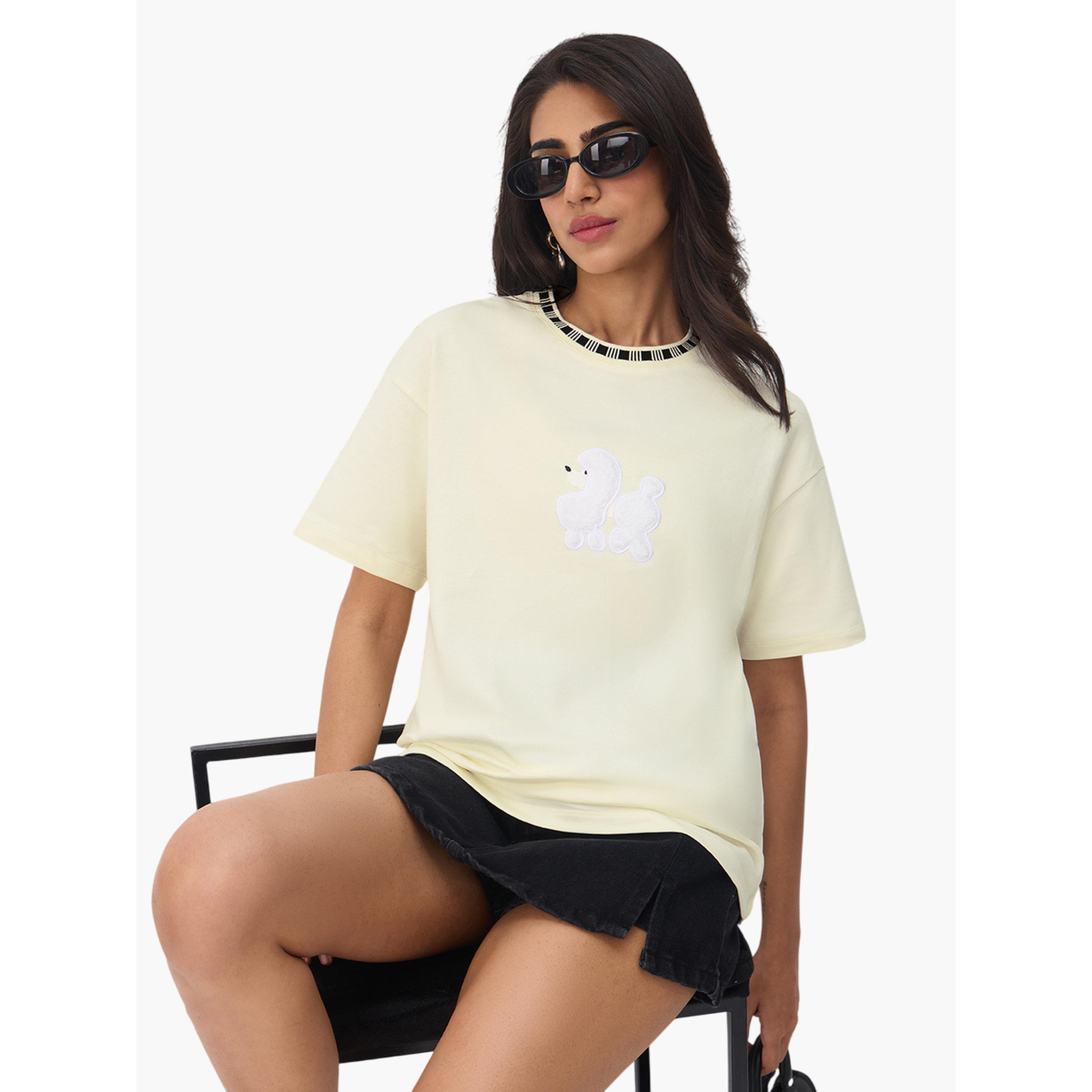 The Souled Store X Styli Cream Poodle Embroidered Oversized T-Shirt-women-clothing-tshirts-image-3
