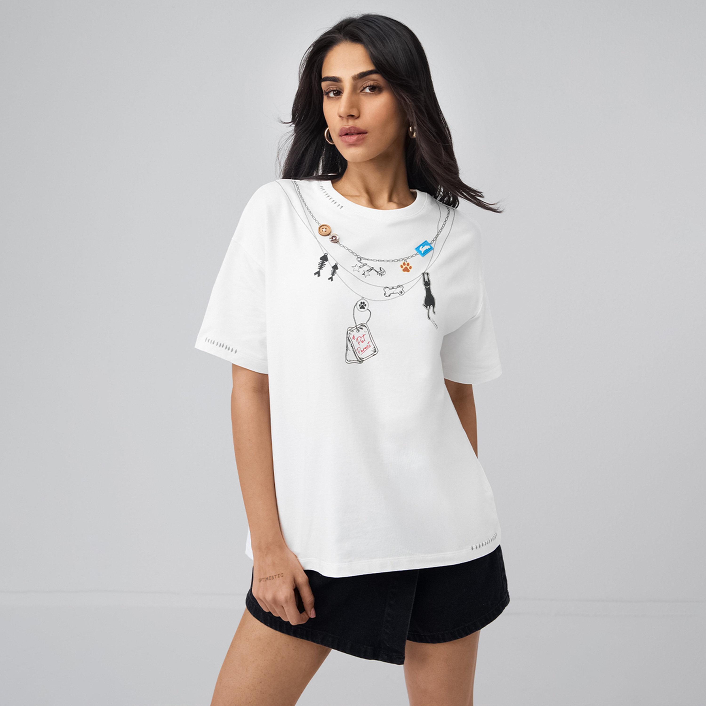 The Souled Store X Styli White Oversized T-Shirt with Pet Tag Print-women-clothing-tshirts-image-1