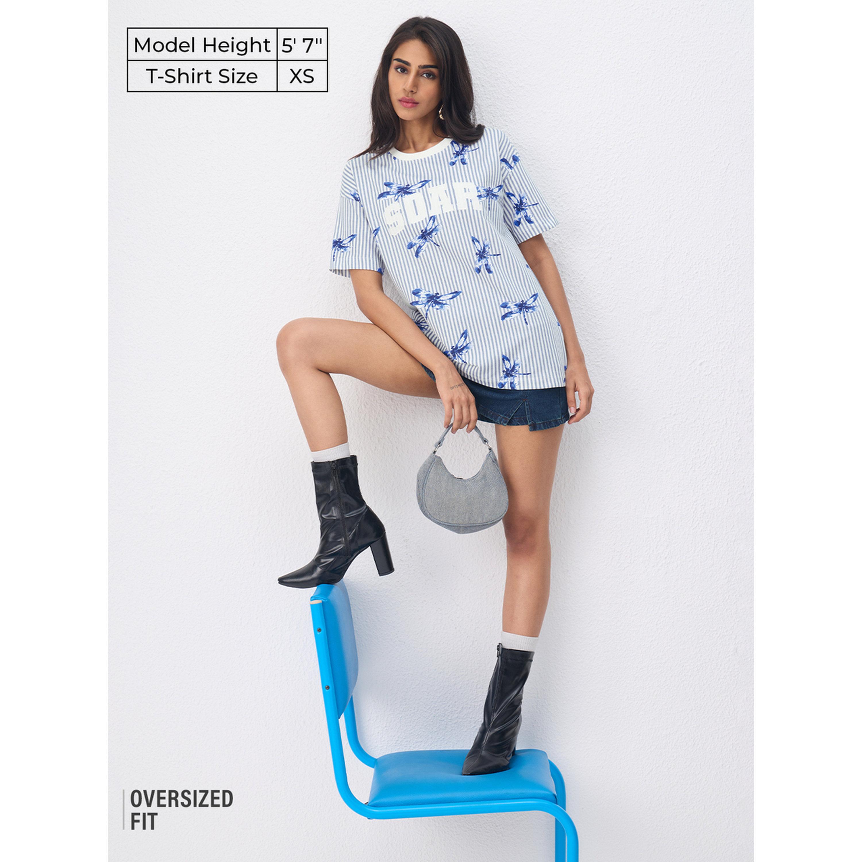 The Souled Store X Styli Blue Striped Oversized Cotton T-Shirt-women-clothing-tshirts-image-2