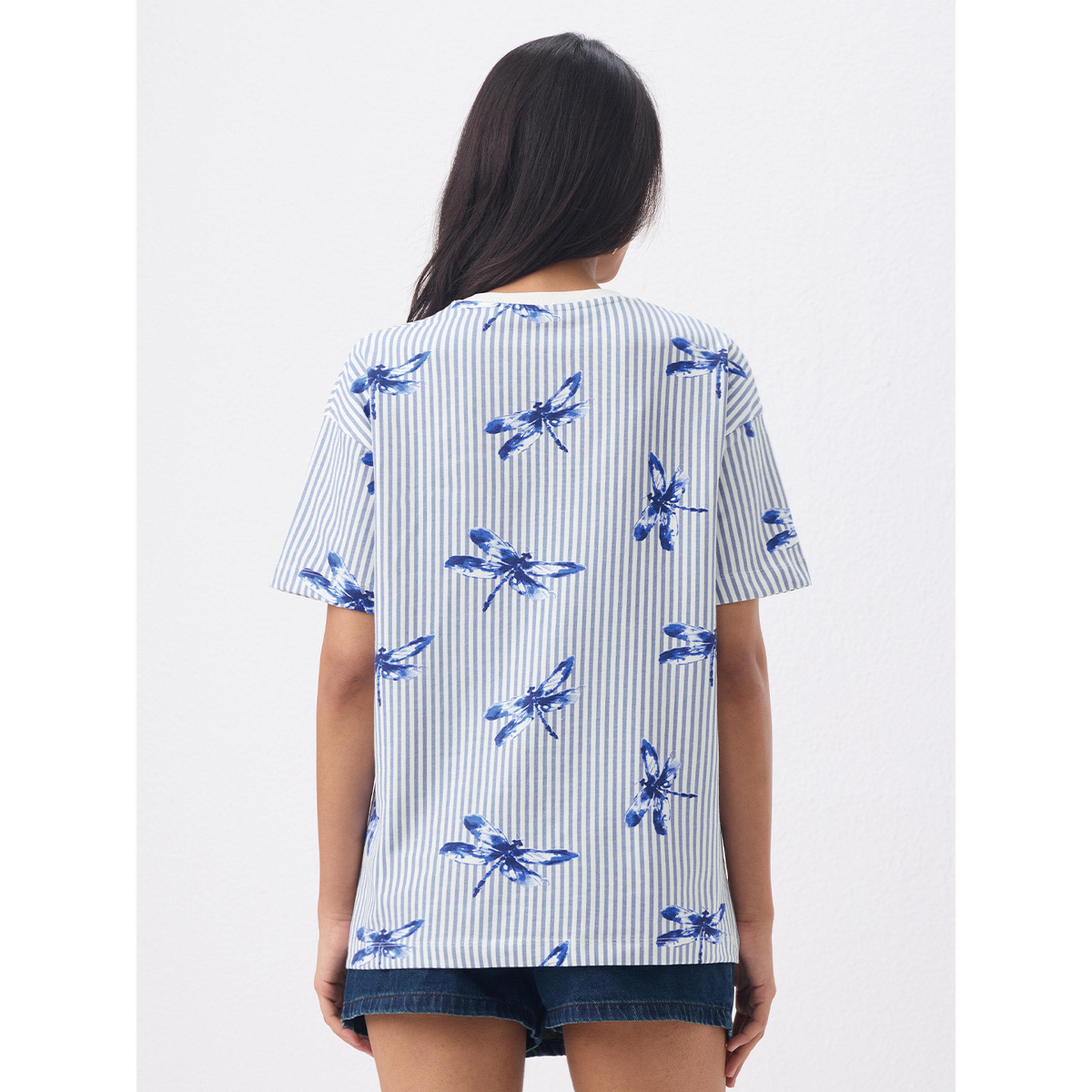 The Souled Store X Styli Blue Striped Oversized Cotton T-Shirt-women-clothing-tshirts-image-3