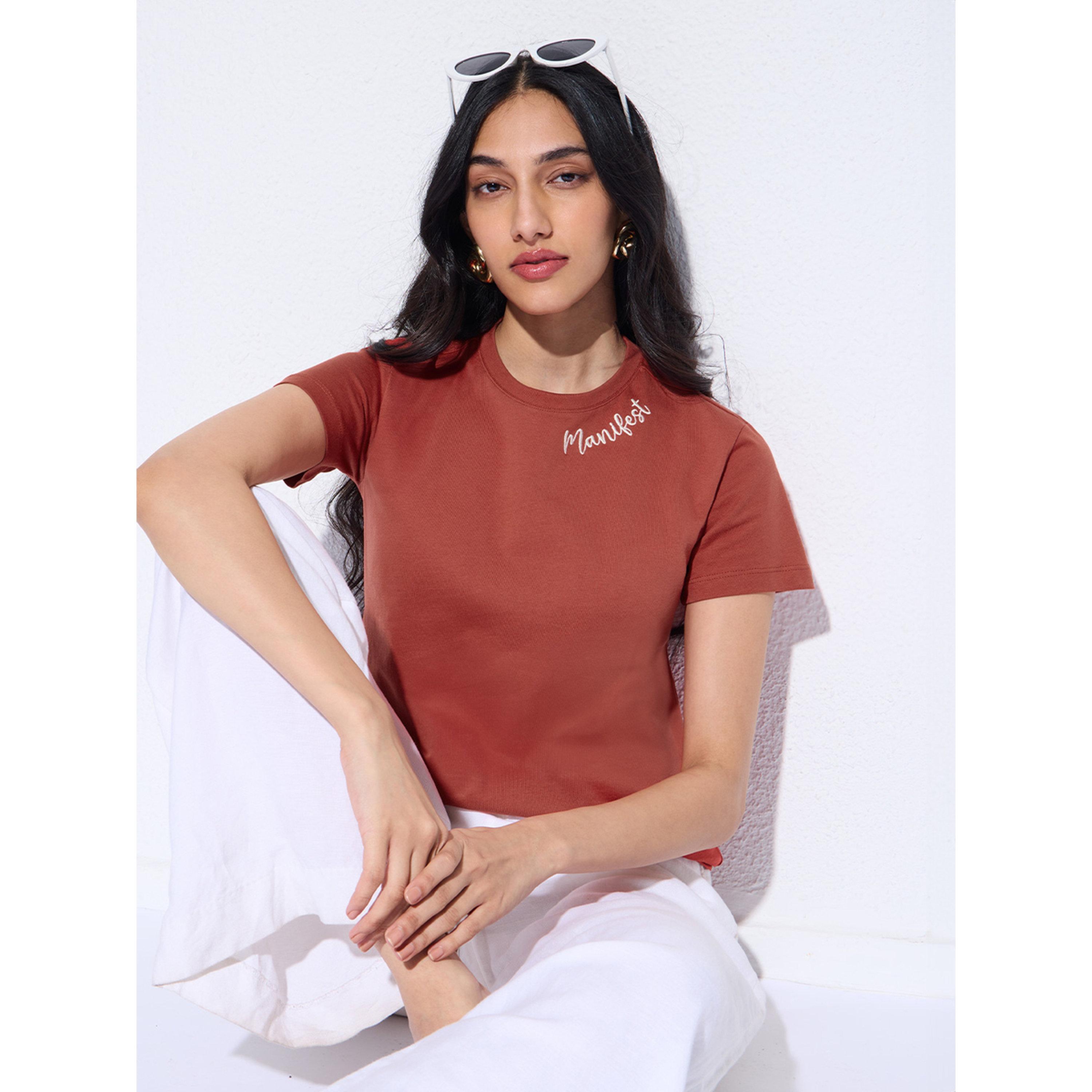 The Souled Store X Styli Rust Round Neck Cotton T-Shirt-women-clothing-tshirts-image-1