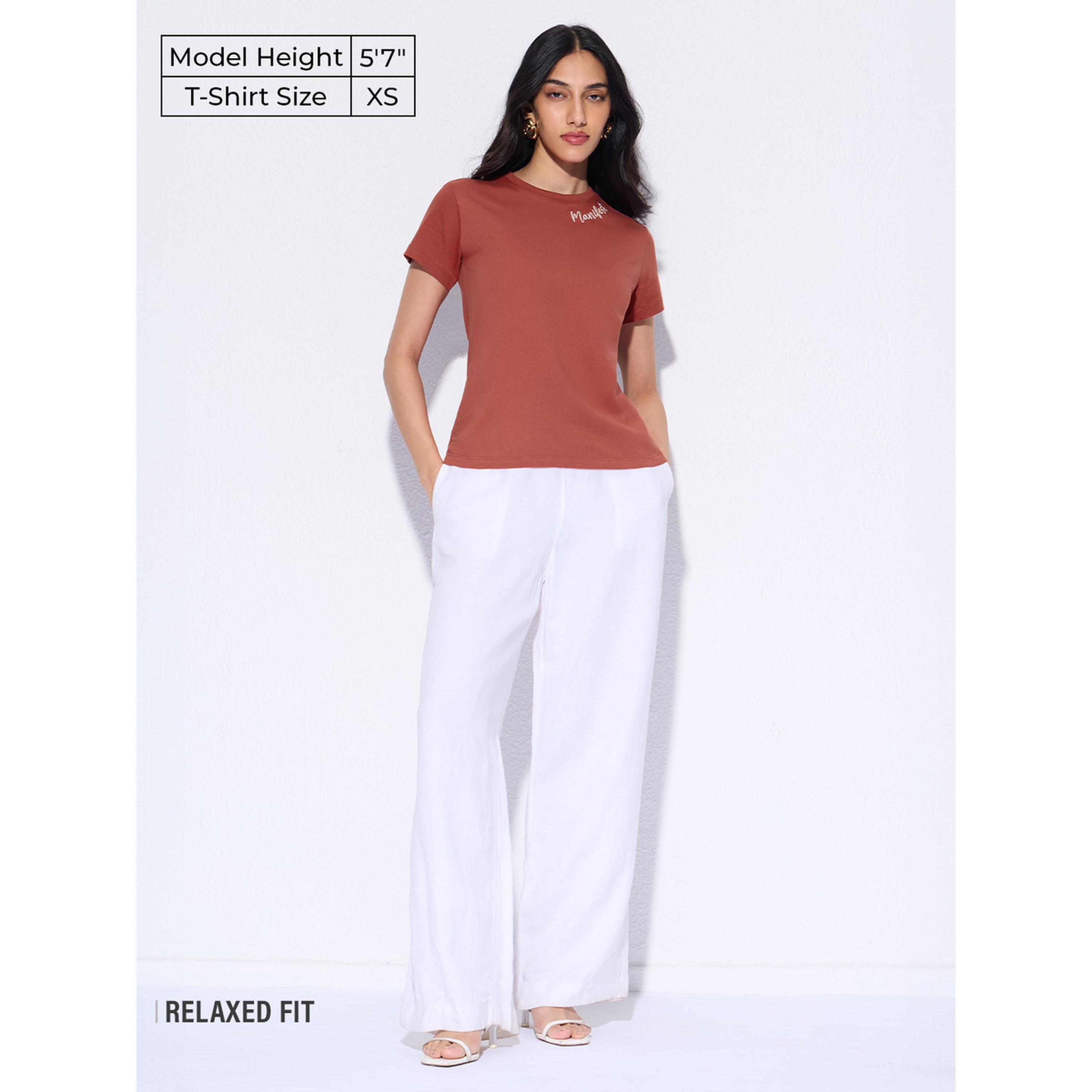 The Souled Store X Styli Rust Round Neck Cotton T-Shirt-women-clothing-tshirts-image-2