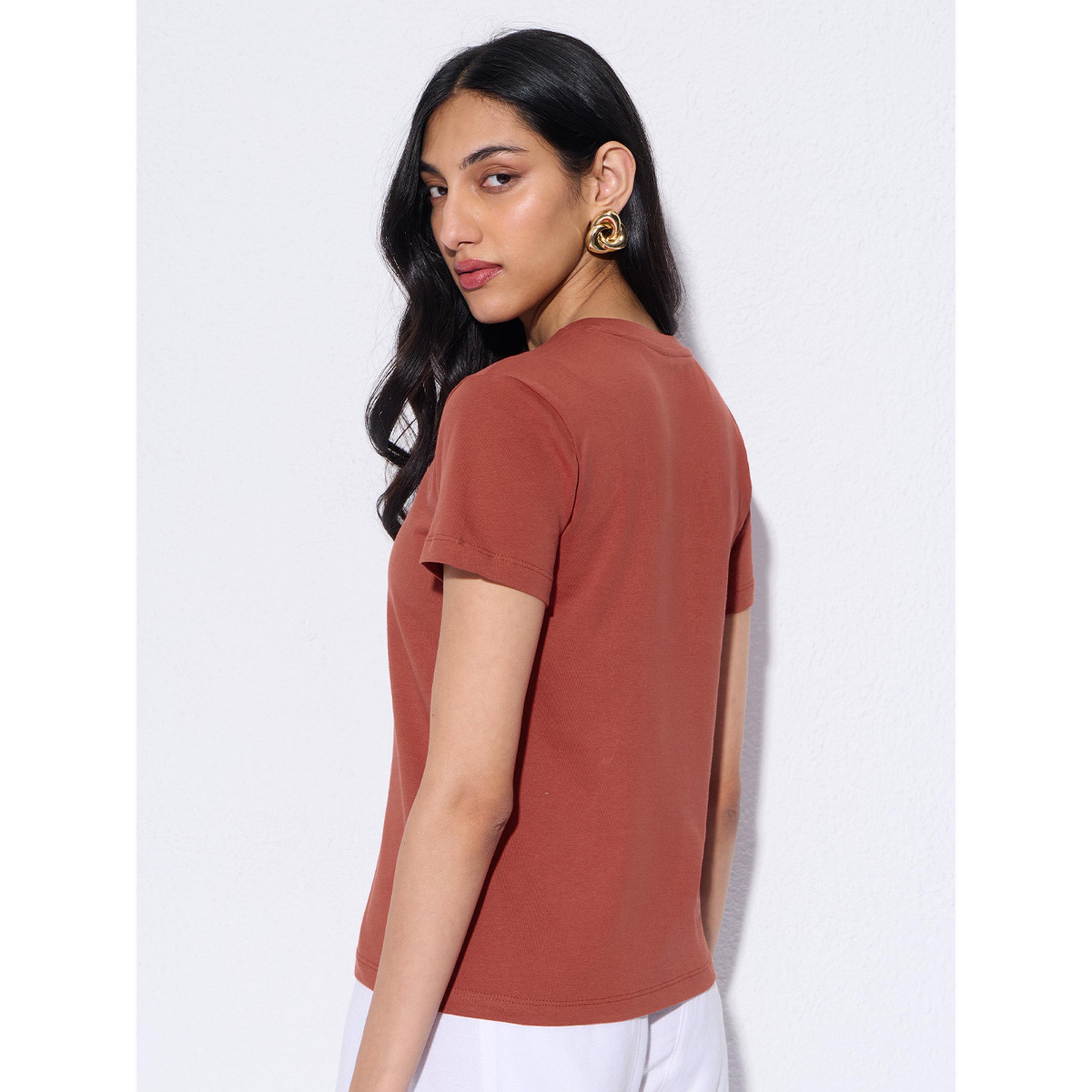 The Souled Store X Styli Rust Round Neck Cotton T-Shirt-women-clothing-tshirts-image-3