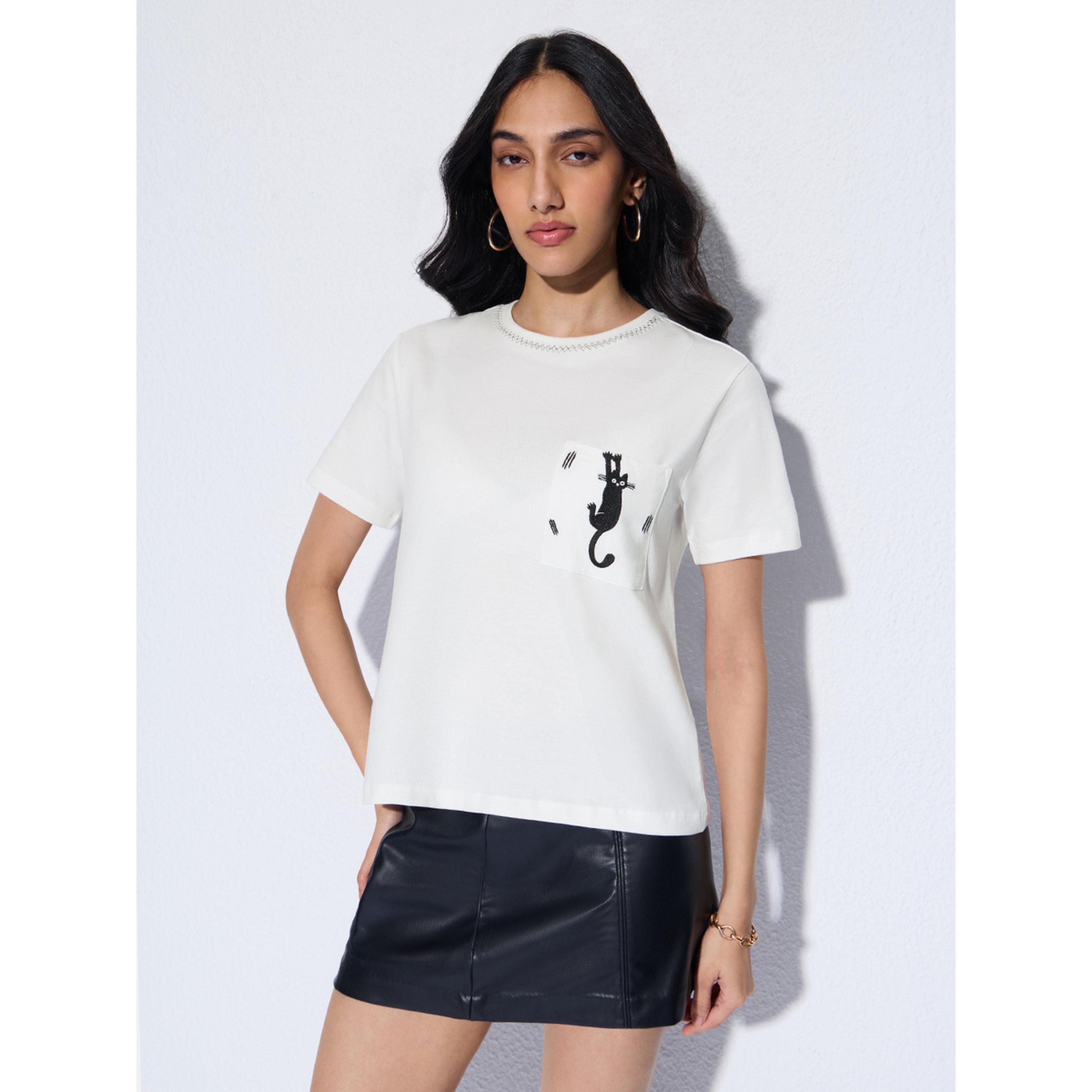 The Souled Store X Styli White Embroidered Cat Pocket Detail T-Shirt-women-clothing-tshirts-image-1