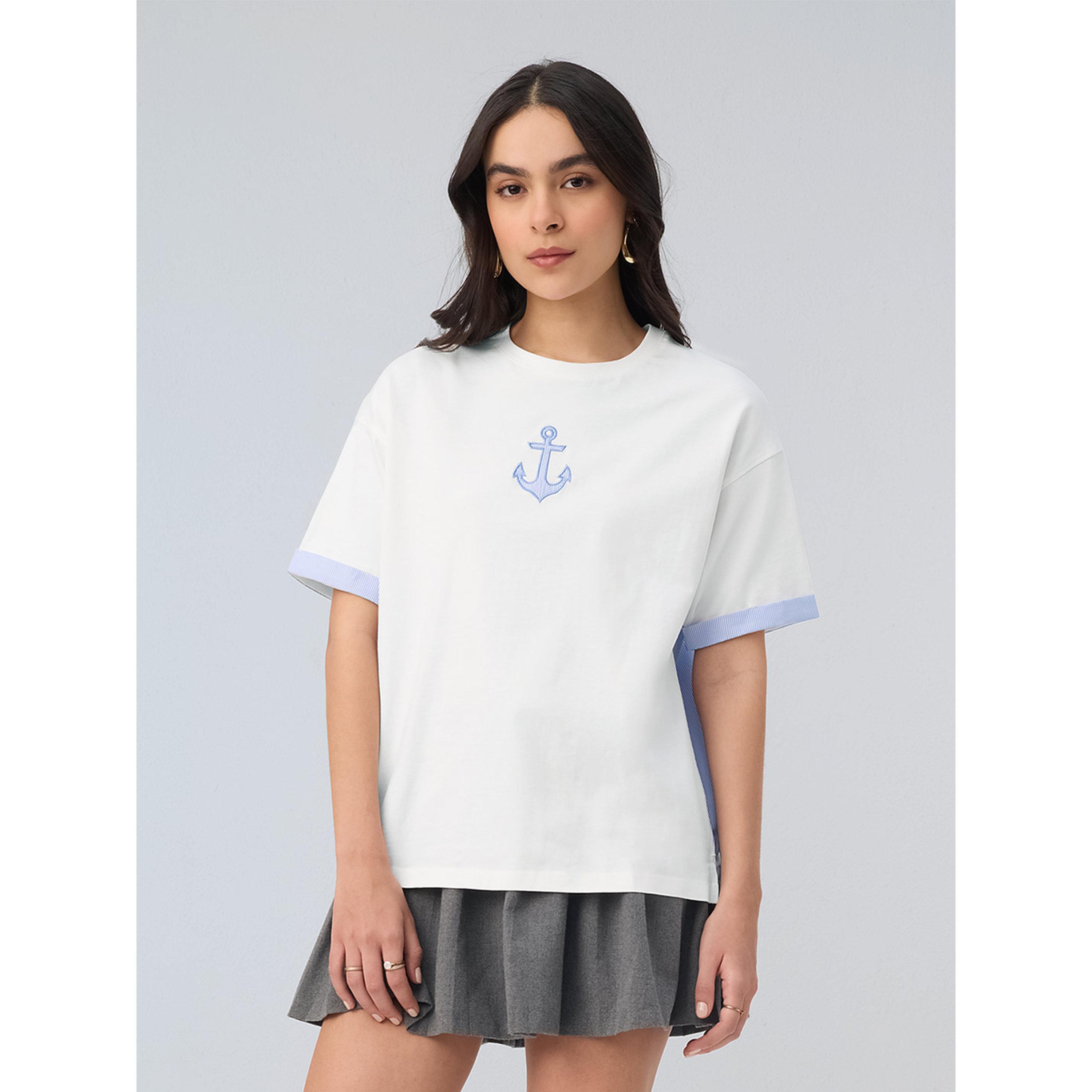 The Souled Store X Styli White Oversized T-Shirt with Anchor Detail-women-clothing-tshirts-image-1