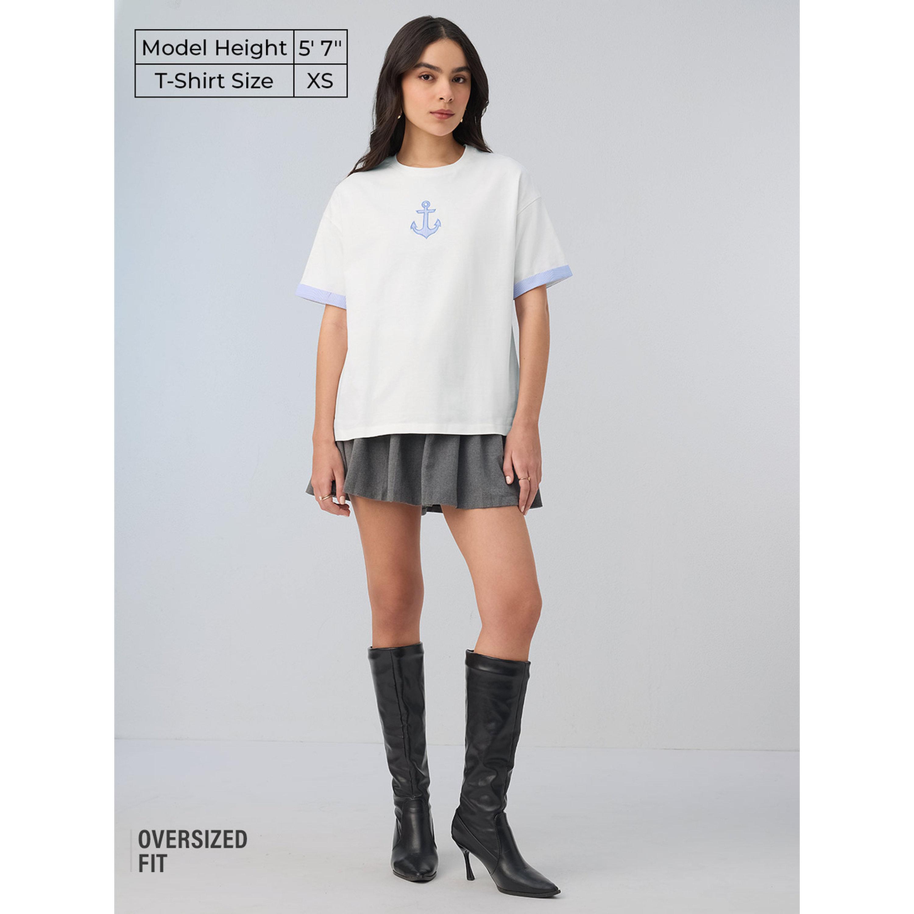 The Souled Store X Styli White Oversized T-Shirt with Anchor Detail-women-clothing-tshirts-image-2