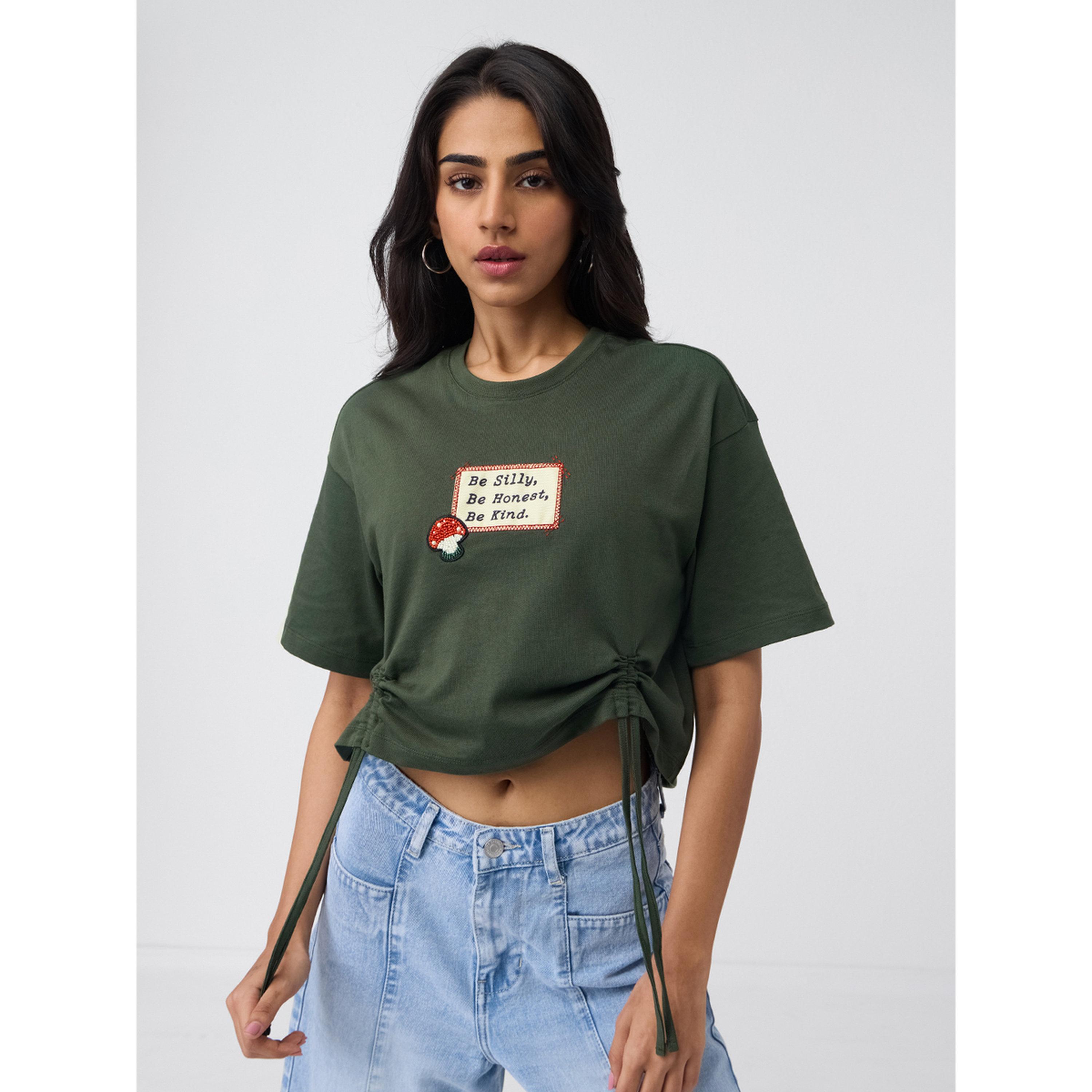 The Souled Store X Styli Olive Ruched Detail Cotton Crop T-Shirt-women-clothing-tshirts-image-1