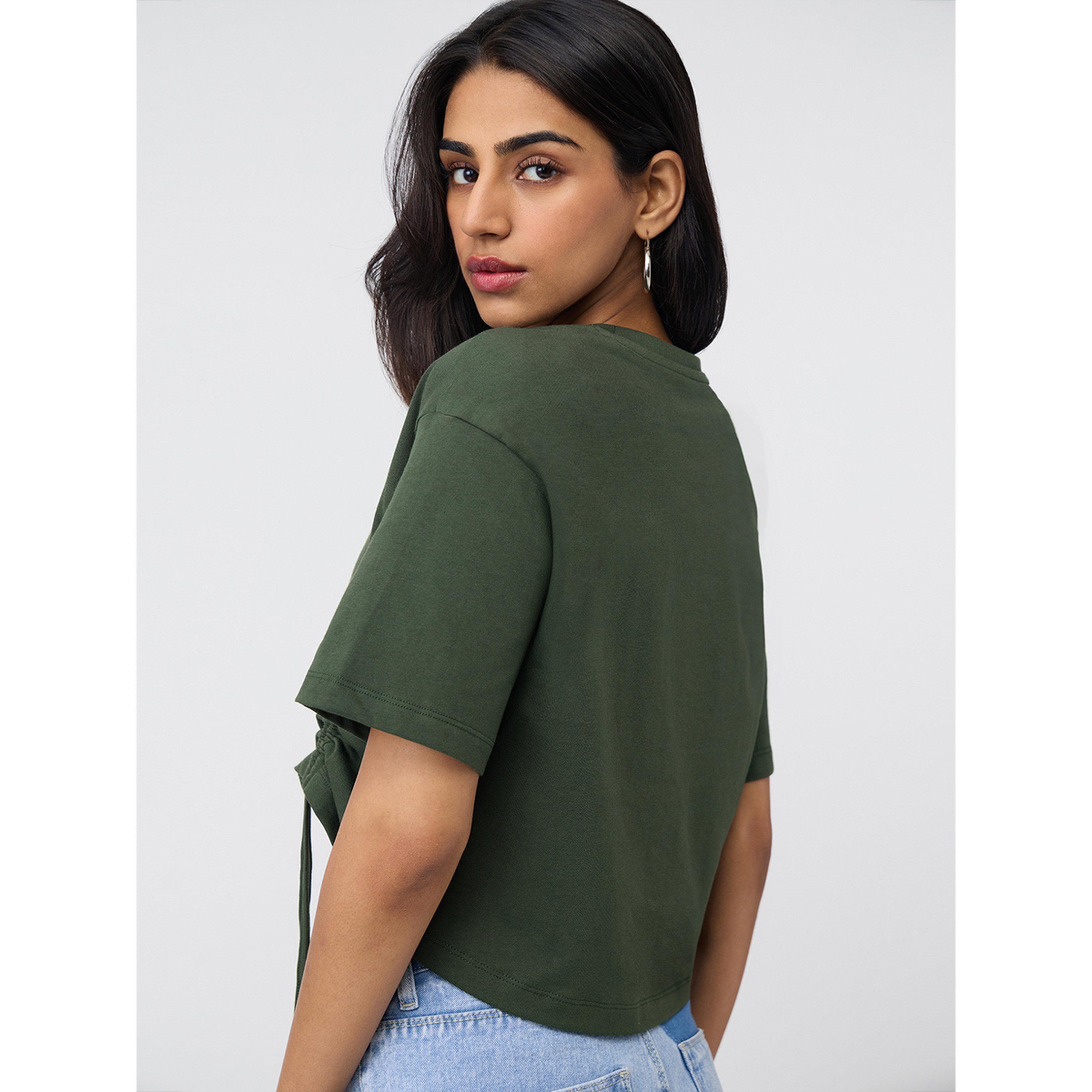 The Souled Store X Styli Olive Ruched Detail Cotton Crop T-Shirt-women-clothing-tshirts-image-3