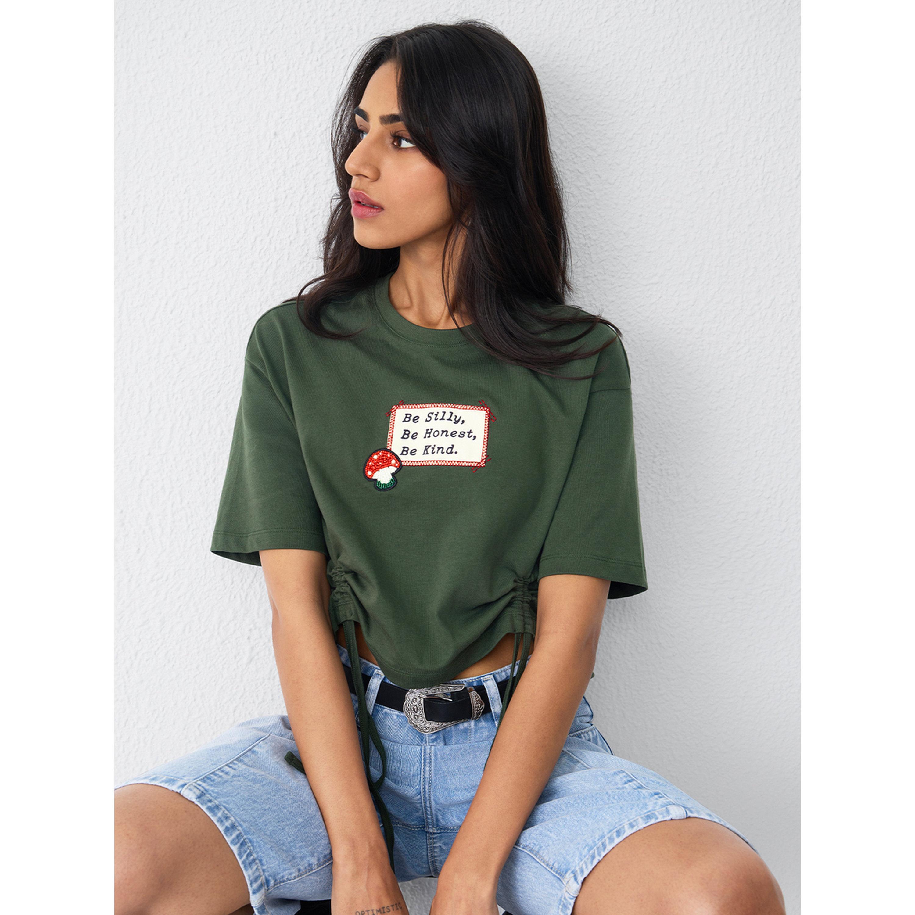 The Souled Store X Styli Olive Ruched Detail Cotton Crop T-Shirt-women-clothing-tshirts-image-4