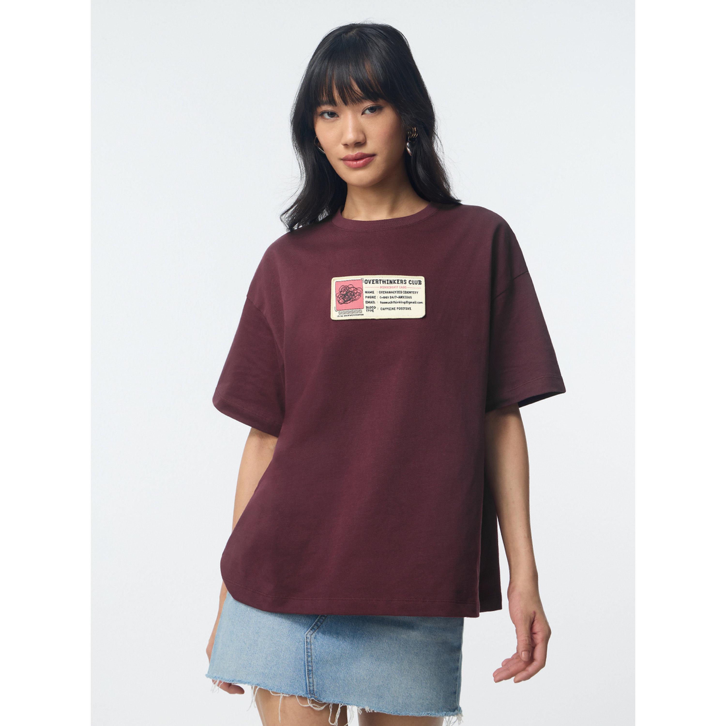 The Souled Store X Styli Maroon Badge Detail Cotton Oversized T-Shirt-women-clothing-tshirts-image-1