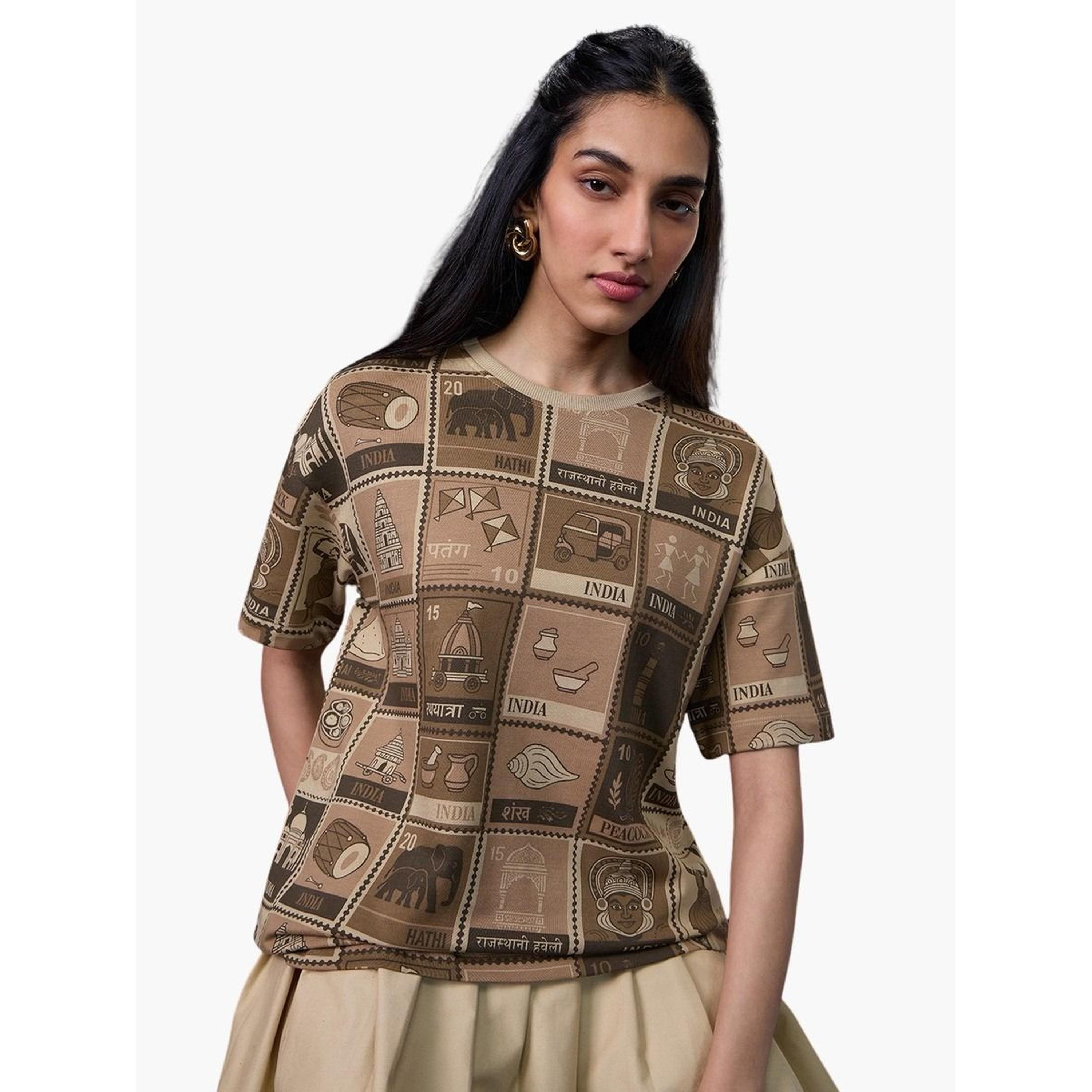 The Souled Store X Styli Brown All Over Print Oversized T-Shirt-women-clothing-tshirts-image-1