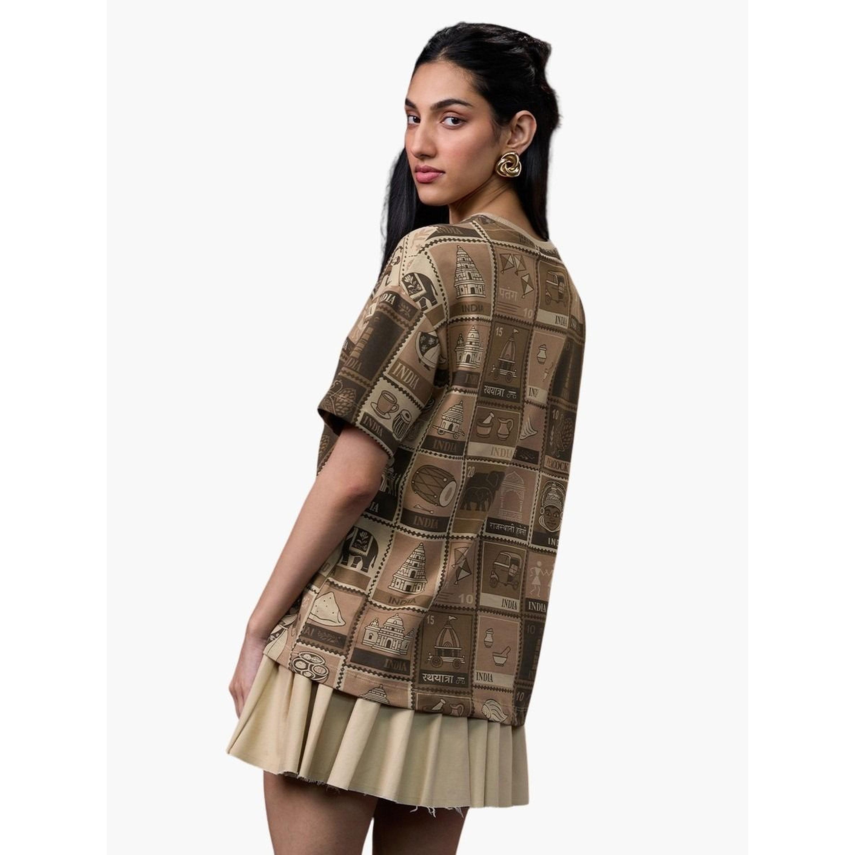 The Souled Store X Styli Brown All Over Print Oversized T-Shirt-women-clothing-tshirts-image-2